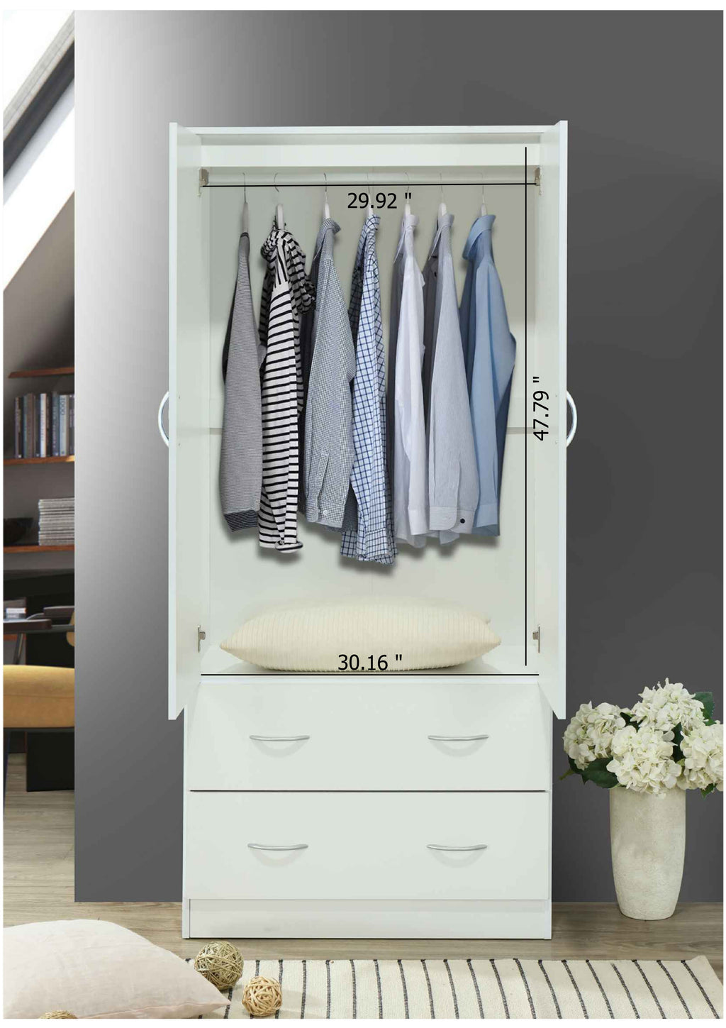 Hodedah 2-Door Armoire with 2-Drawers and Clothing Rod in Black