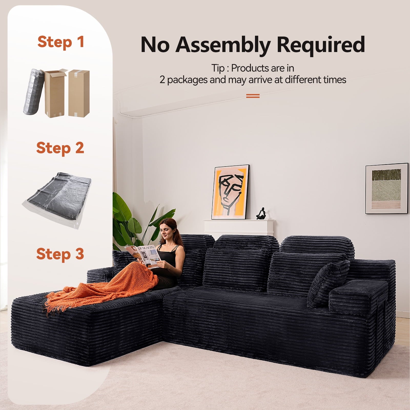 71 High Backrest Sofa for Small Spaces, Compressed Corduroy Couch with Deep Seating for Living Room, Bedroom, Dark Grey