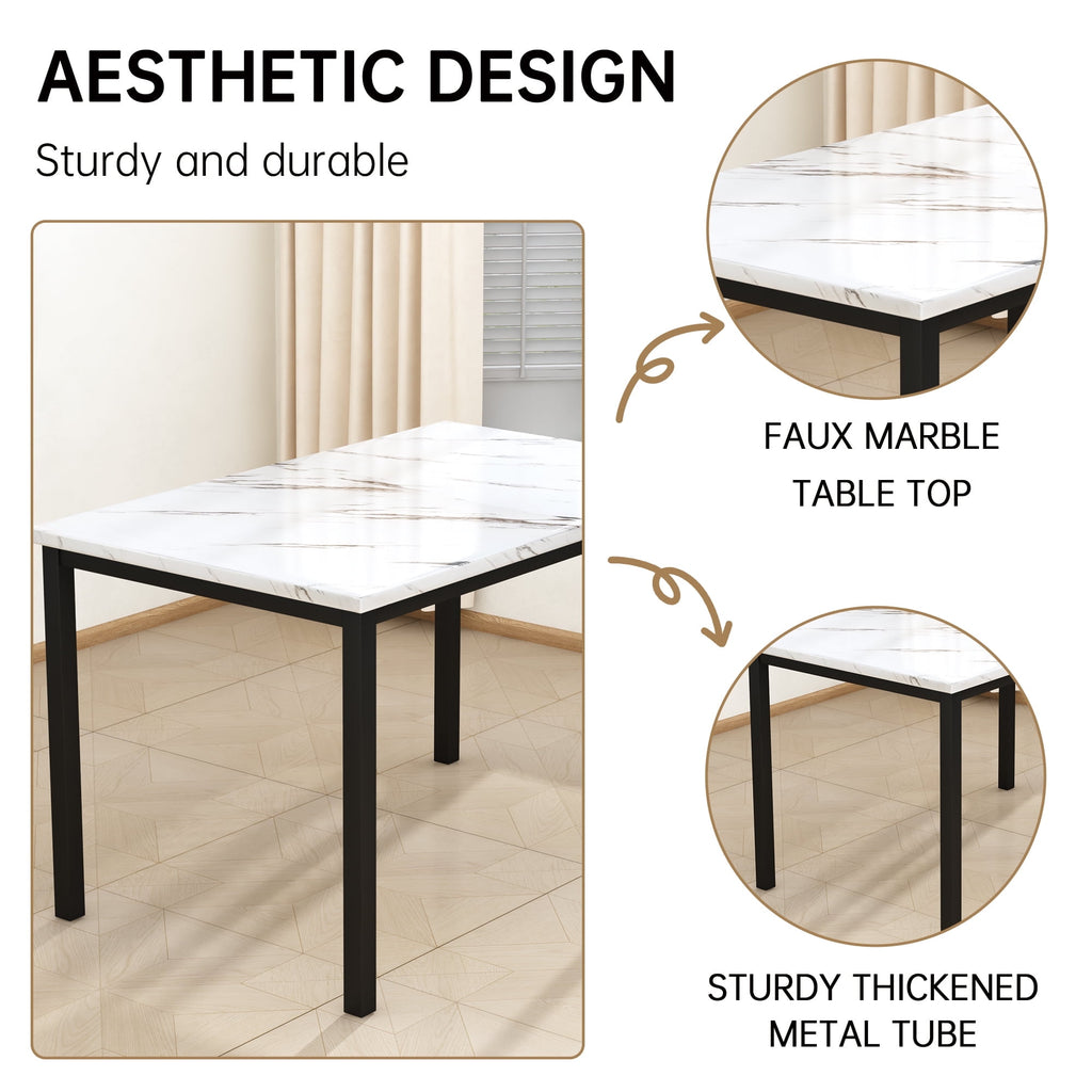 AWQM 5 Piece Dining Table Set, Faux Marble Kitchen Table and Chairs for 4, Dining Room Table Set with 4 PU Leather Chairs, White
