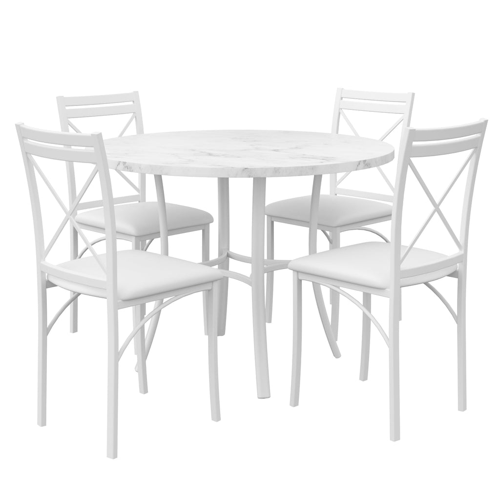 VECELO 5-Piece Dining Table Set, Modern Faux Marble Table and 4 Upholstered Chairs Set for 4, Round Dining Room Table Set for Small Space, Breakfast Nook, Apartment, Black
