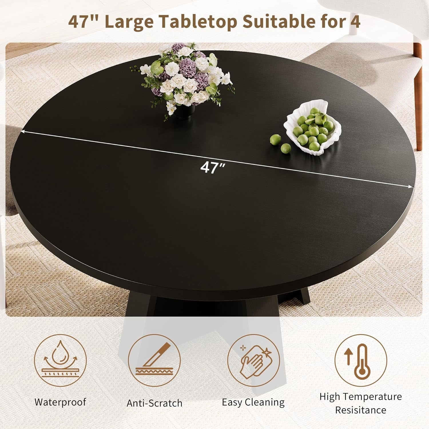 Laisnet 47 Round Dining Table for 6, Modern Wooden Dinner Table for Kitchen Living Room, Black