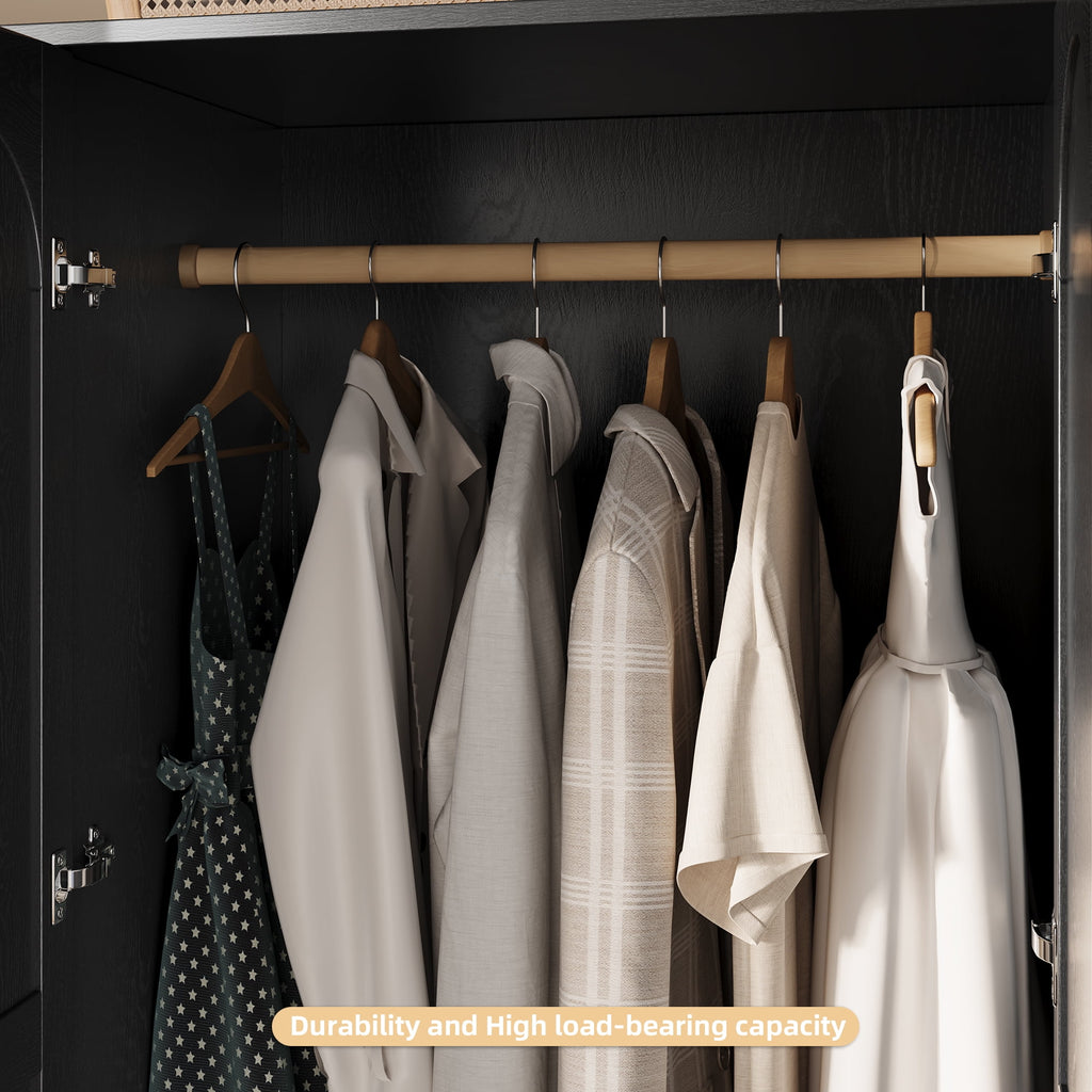 UGTOO 72H 4-Door Wardrobe Armoire with 3 Hanging Rods & 3 Drawers – Black Wooden Closet Storage Cabinet, Large Capacity Freestanding Clothes Organizer for Bedroom