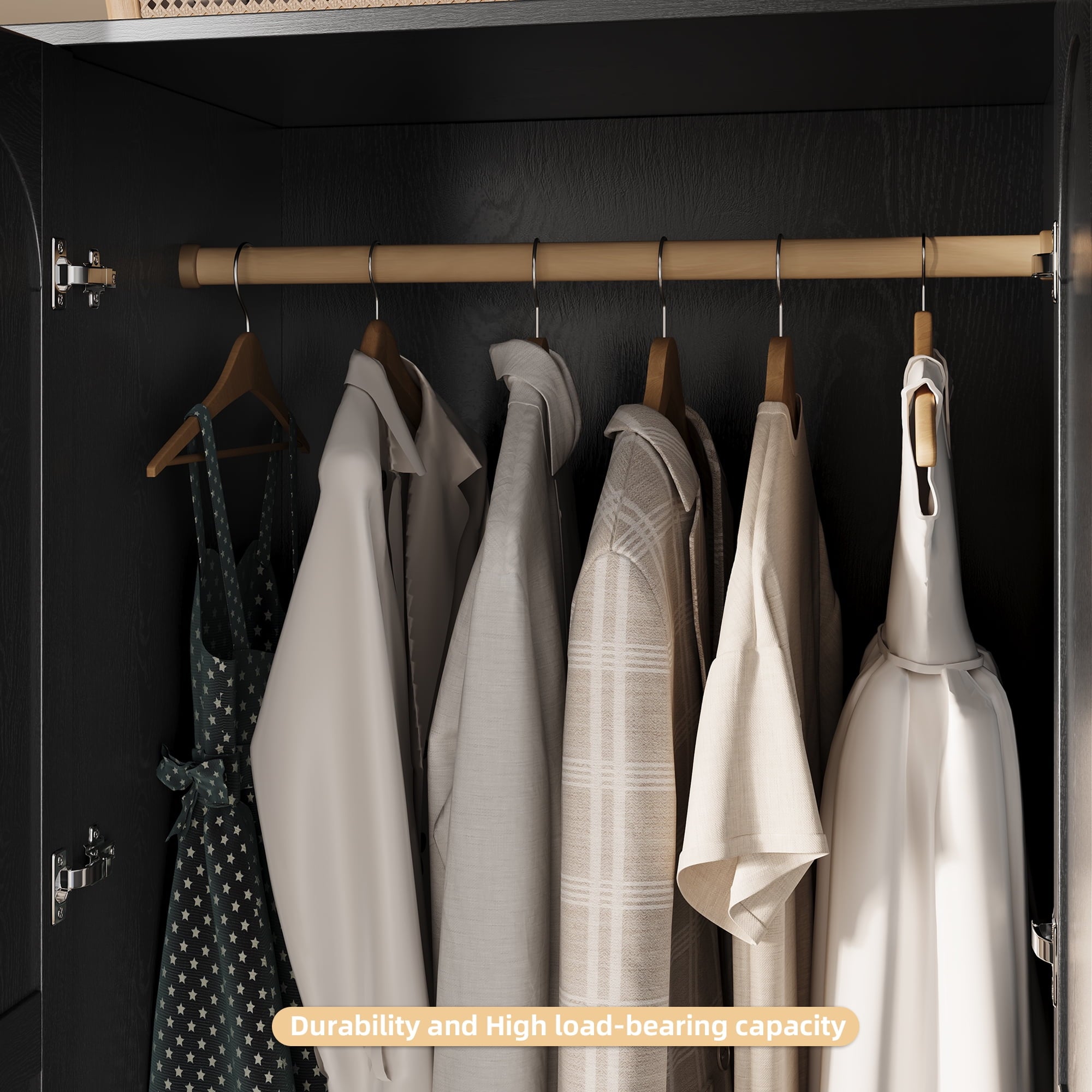 UGTOO 72H 4-Door Wardrobe Armoire with 3 Hanging Rods & 3 Drawers – Black Wooden Closet Storage Cabinet, Large Capacity Freestanding Clothes Organizer for Bedroom