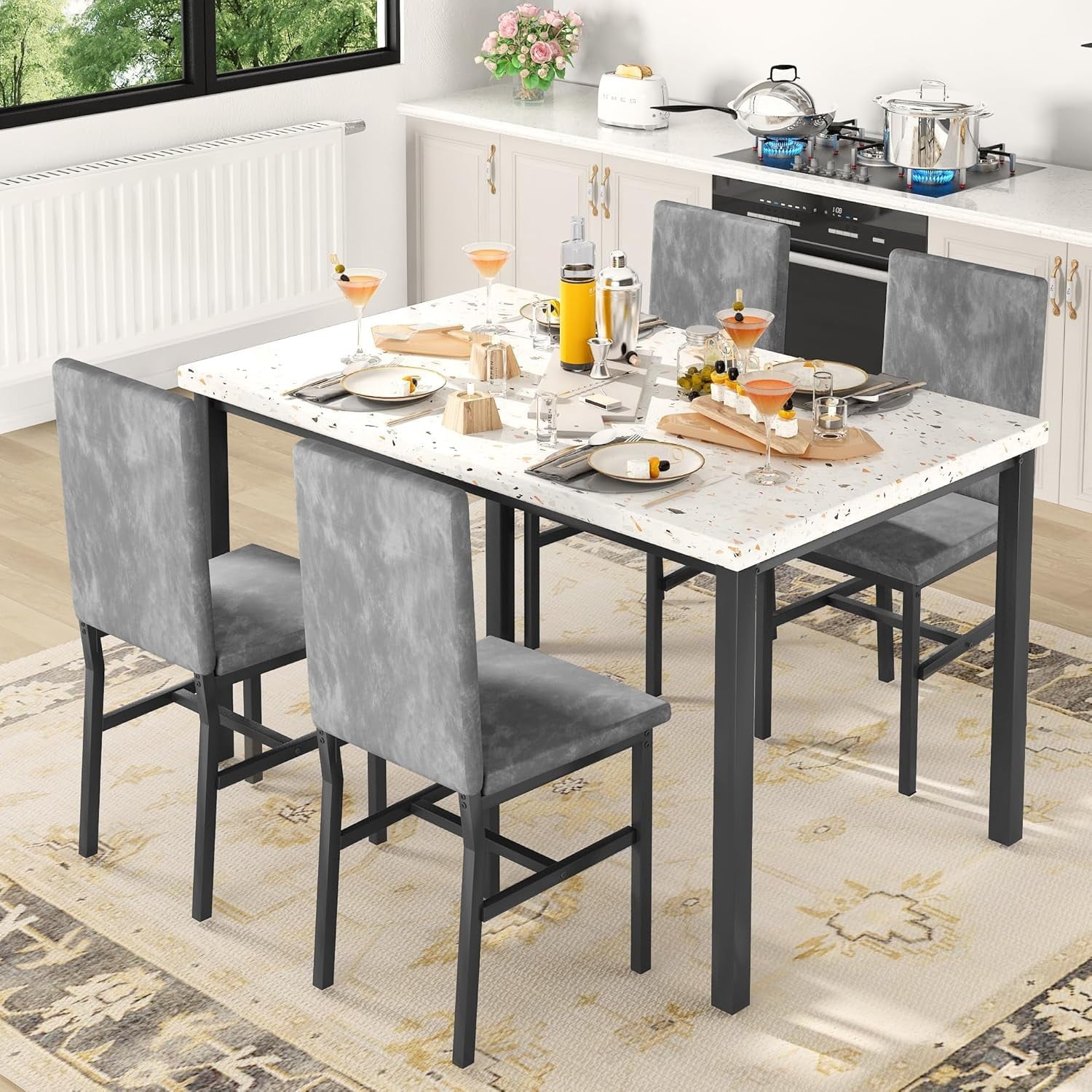 MIERES 5 Piece Dinning Table Sets for 4, Marble Kitchen Table and Chairs for 4,Dining Room Table Set with PU Leather Chairs,Faux Marble Dining Set for Small Spaces,Living Room,White+Brown