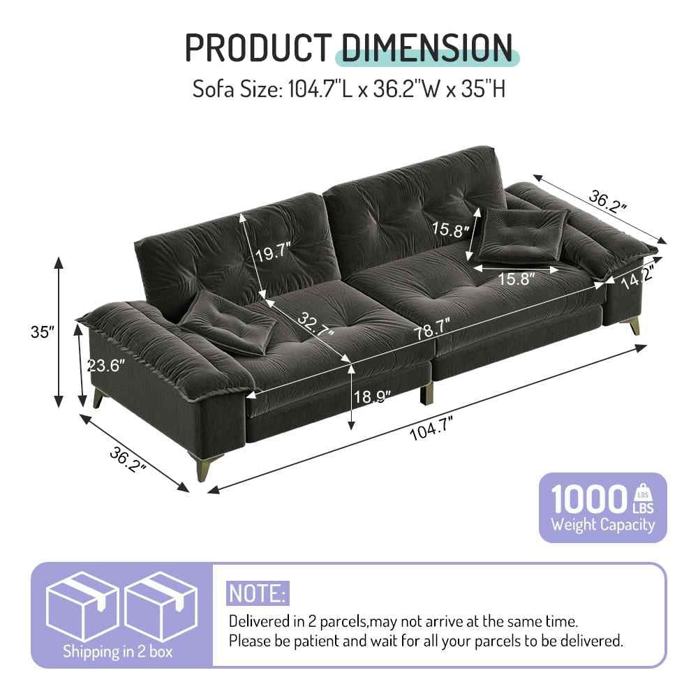FFH 80.7 Corduroy Sofa, 3 Seater Boneless Cloud Couch for Small Living Rooms, Apartments and Offices, Black