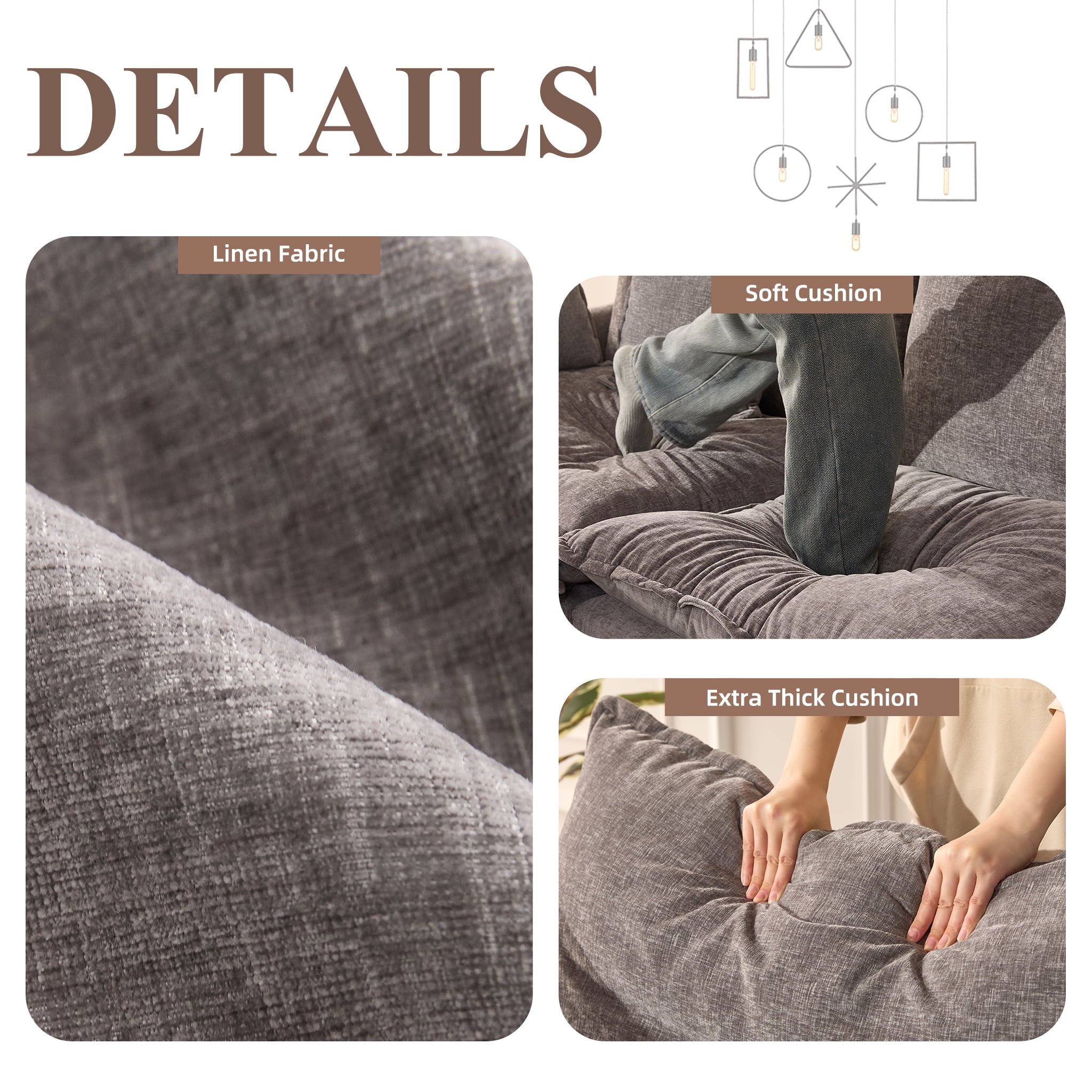 LAKPS 3-Seat Sectional Sofa Couch, Cloud-Style Deep Seating Sleeper Sofa with Included Throw Pillows, Linen Upholstery, Modern Living Room Sofa, Cream White