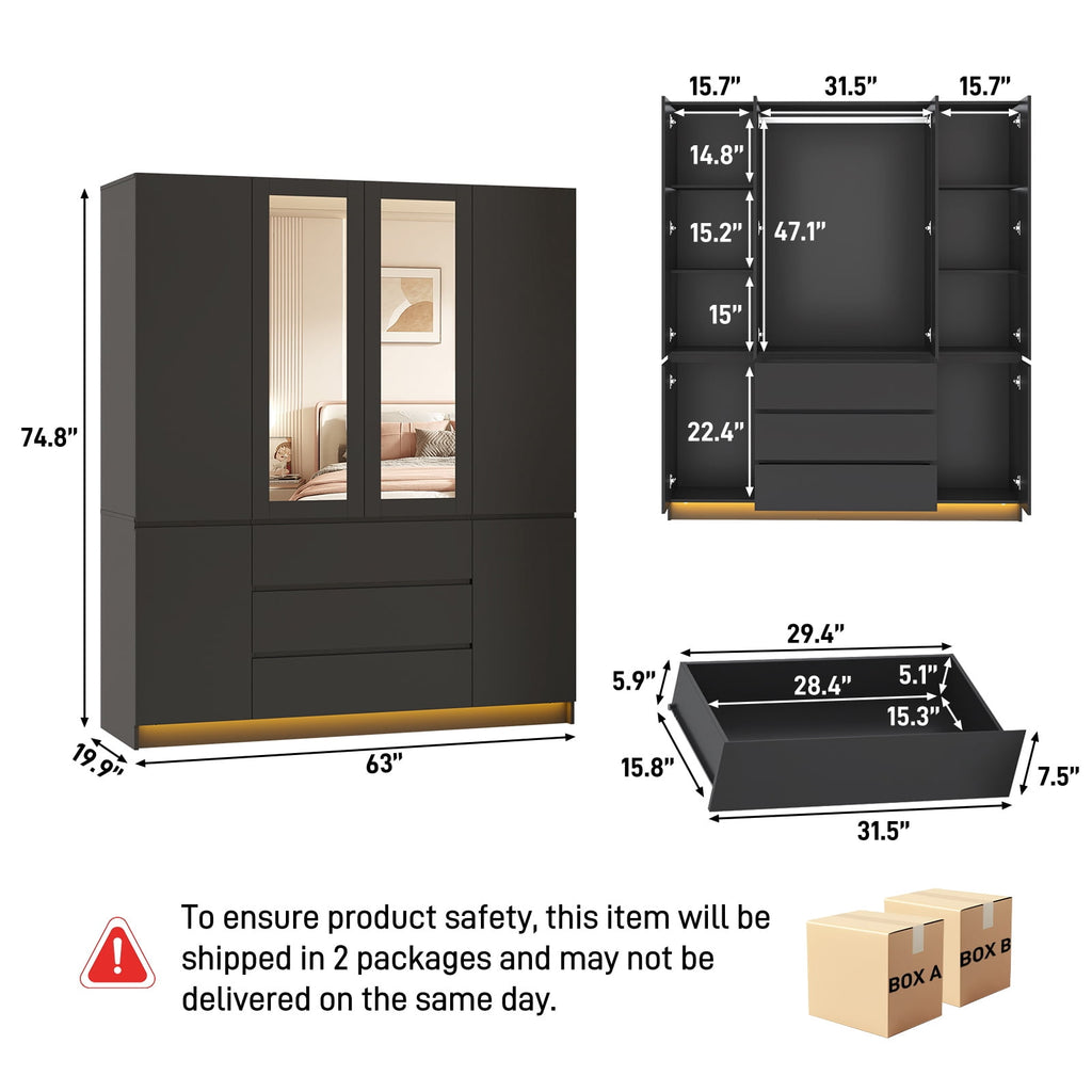 75 Tall 3 Doors Armoire Wardrobe Closet with  3 Drawers and Mirror, Large Wardrobe Closet for Bedroom with LED Lights, Wooden Armoire Storage Cabinet with Hanging Rod, Adjustable shelves (White)
