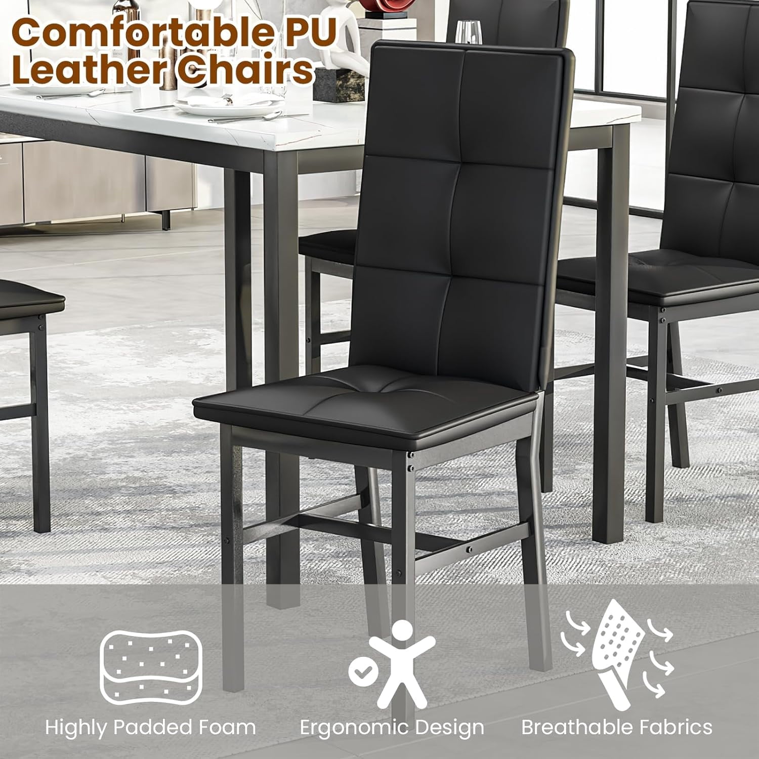 LinkRomat Dining Table Set for 4, Modern Faux Marble Tabletop and 4 PU Leather Upholstered Chairs, Kitchen Table and Chairs for Dining Room Breakfast Nook, Gray