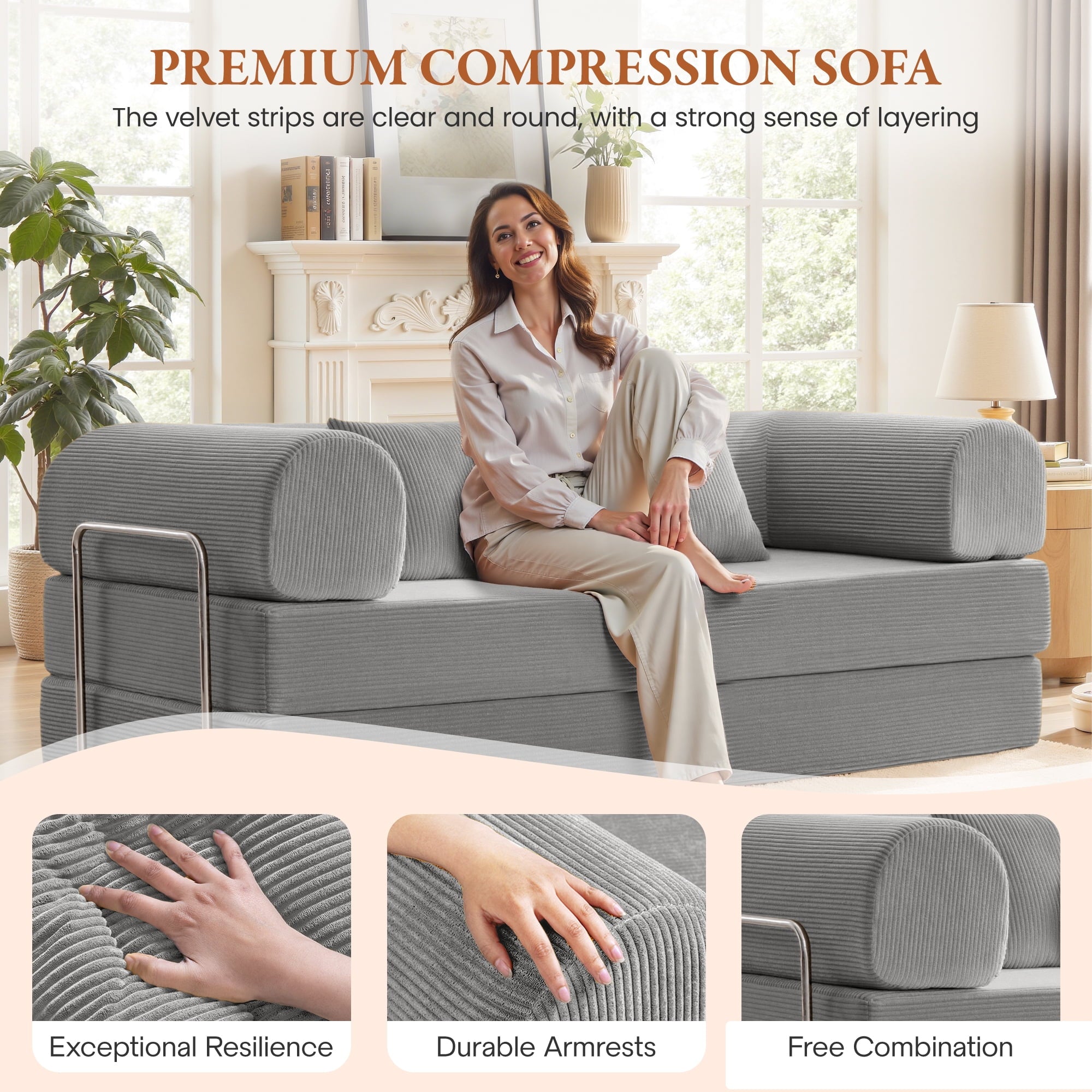 COOLHUT 63 W Combination Sofa, High Rebound Density Foam Sofa Couch, Two Forms Floor Couch Three Seats Sofa Bed for Living Room, Bedroom, Green