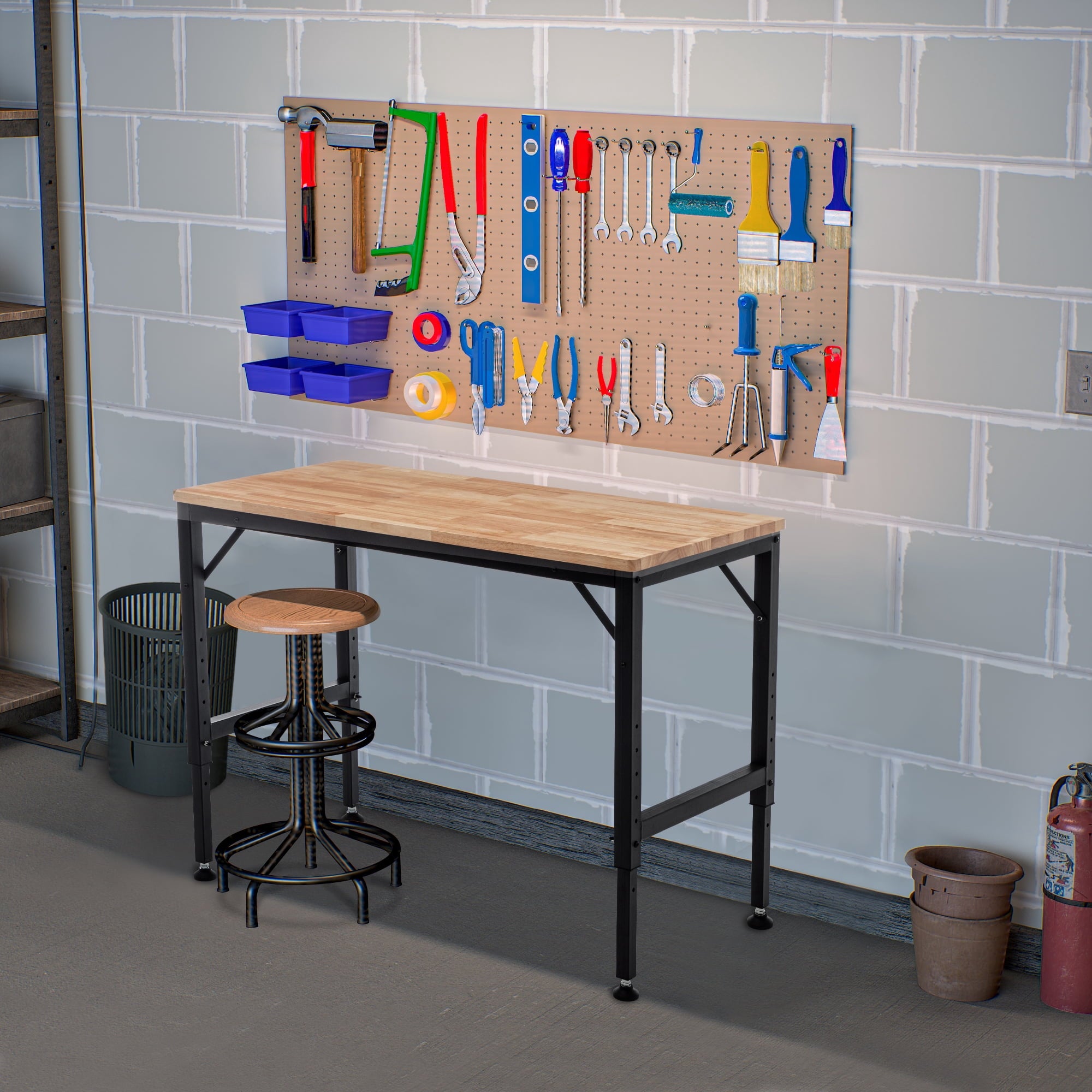 Black Metal & Wood 48 in Heavy-Duty Adjustable Workbench for Garage - 2000+ Lbs Capacity
