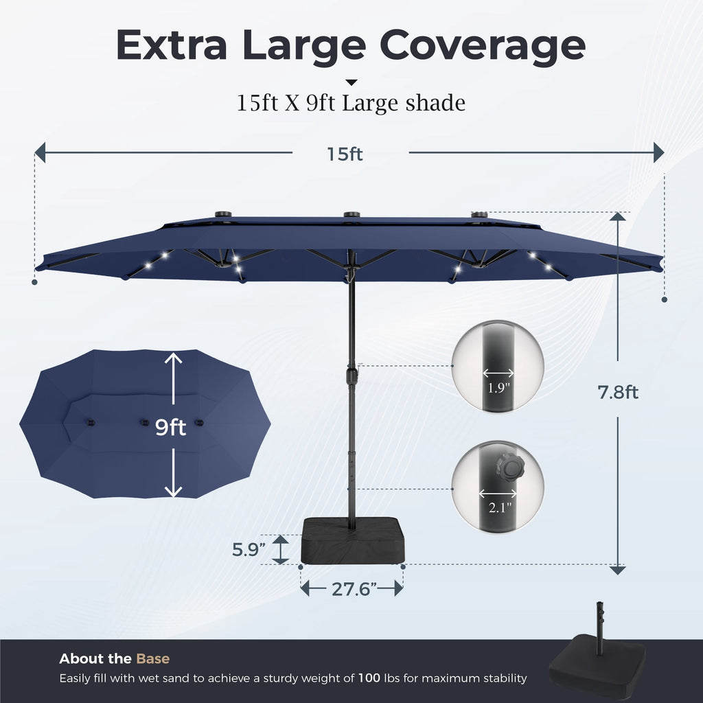 Alpha Joy 15ft Dual-Layer Extra Large Outdoor Patio Umbrella Double-Sided Ventilation Umbrella with Led Lights & Umbrella Base, Beige