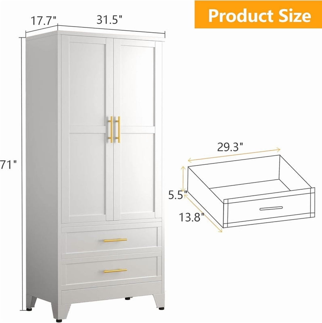 EROSOEI Metal Freestanding Armoire Wardrobe Clost With Hanging Rod and Drawers