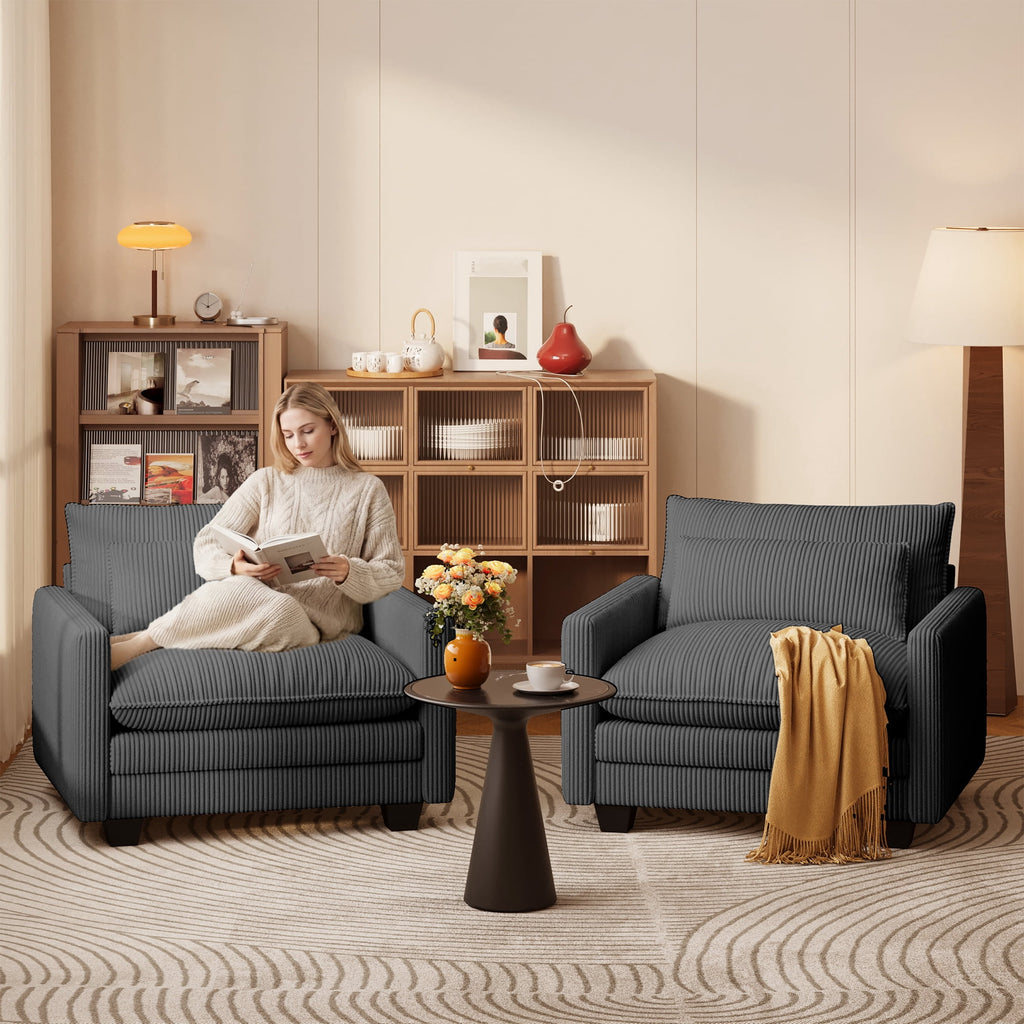 110'' Oversized L Shaped Couch for Living Room, Cloud Couches with Washable Corduroy Cover, Modern 4-Seater Comfy Deep-Seat Sofa with Movable Ottoman and 2 Throw Pillows for Apartment, Gray