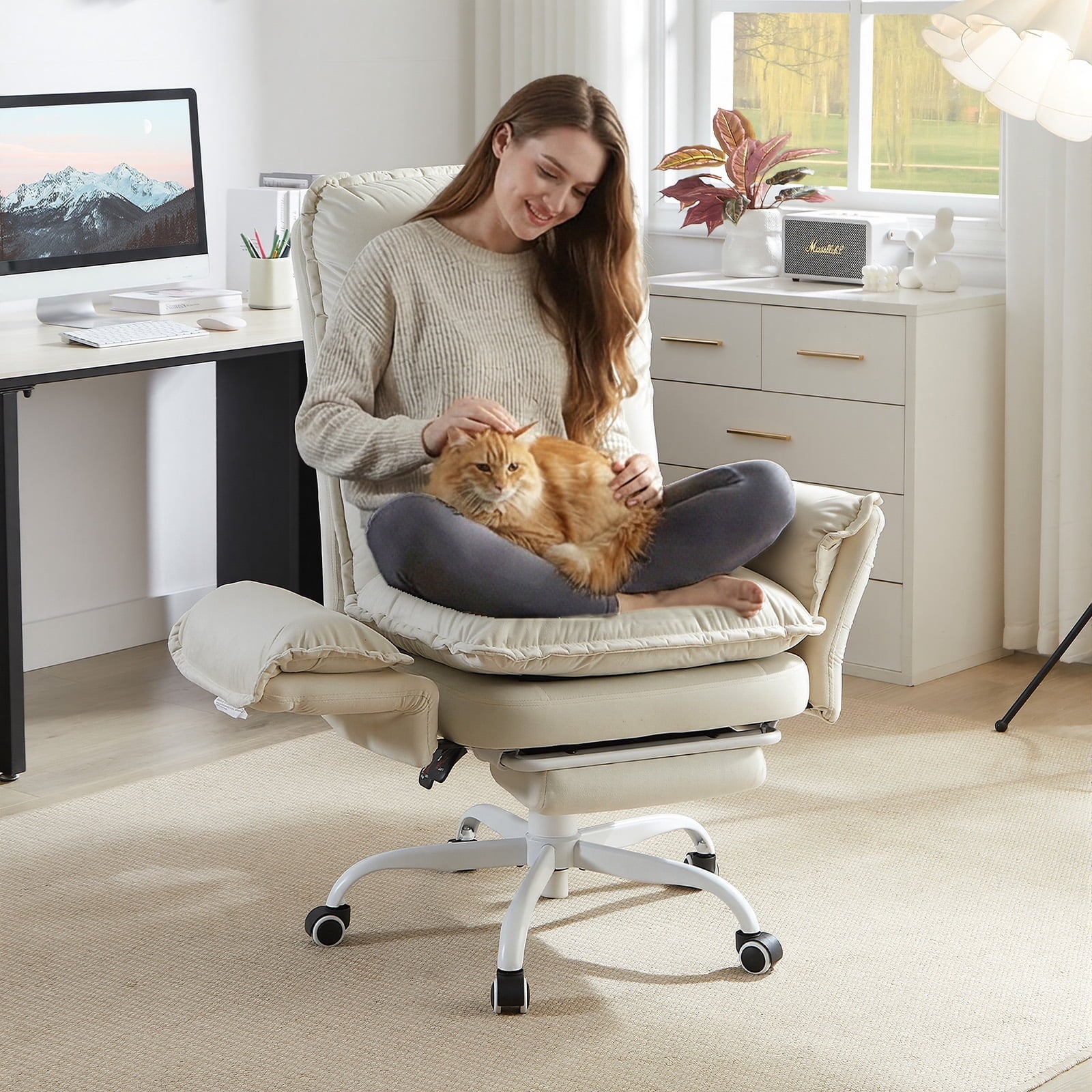 Bestier Big and Tall Executive Office Chair with Flip-up Arms for Adult, Wide Seat Ergonomic Computer Desk Chair,High Back Velvet Comfy Cross-Legged Office Chair with Footrest and Side Pockets, Black