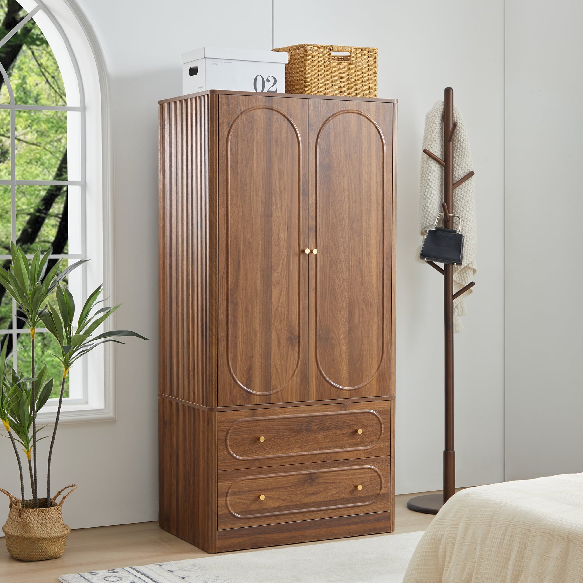 Wirrytor Freestanding Wooden Armoire Wardrobe with 2 Woven Doors and Storage Drawers, Space-Saving Closet Cabinet for Bedroom, Sturdy Mdf Board Closet with Hanging Rail