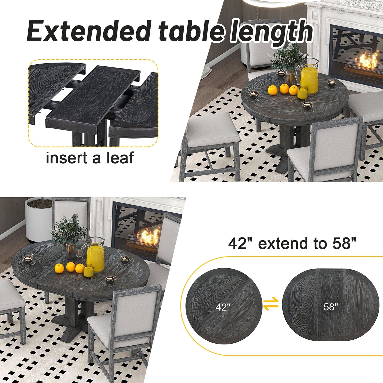 Harper & Bright Designs Farmhouse 5 Piece Kitchen Dining Table Set for 4, Solid Wood Extendable Round Dining Table Set and 4 Upholstered Chairs, Retro Dining Set for Kitchen, Natural Wood Wash