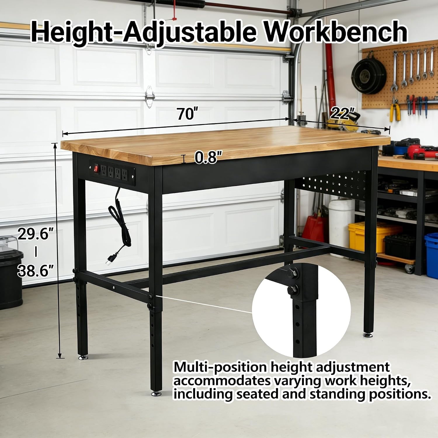 70 Inch Adjustable Workbench with Power Outlet Heavy Duty 2500 LBS Load Capacity Hardwood Work Table for Garage 6 Level Height Adjustable Workshop Bench with Wheels (70x22)