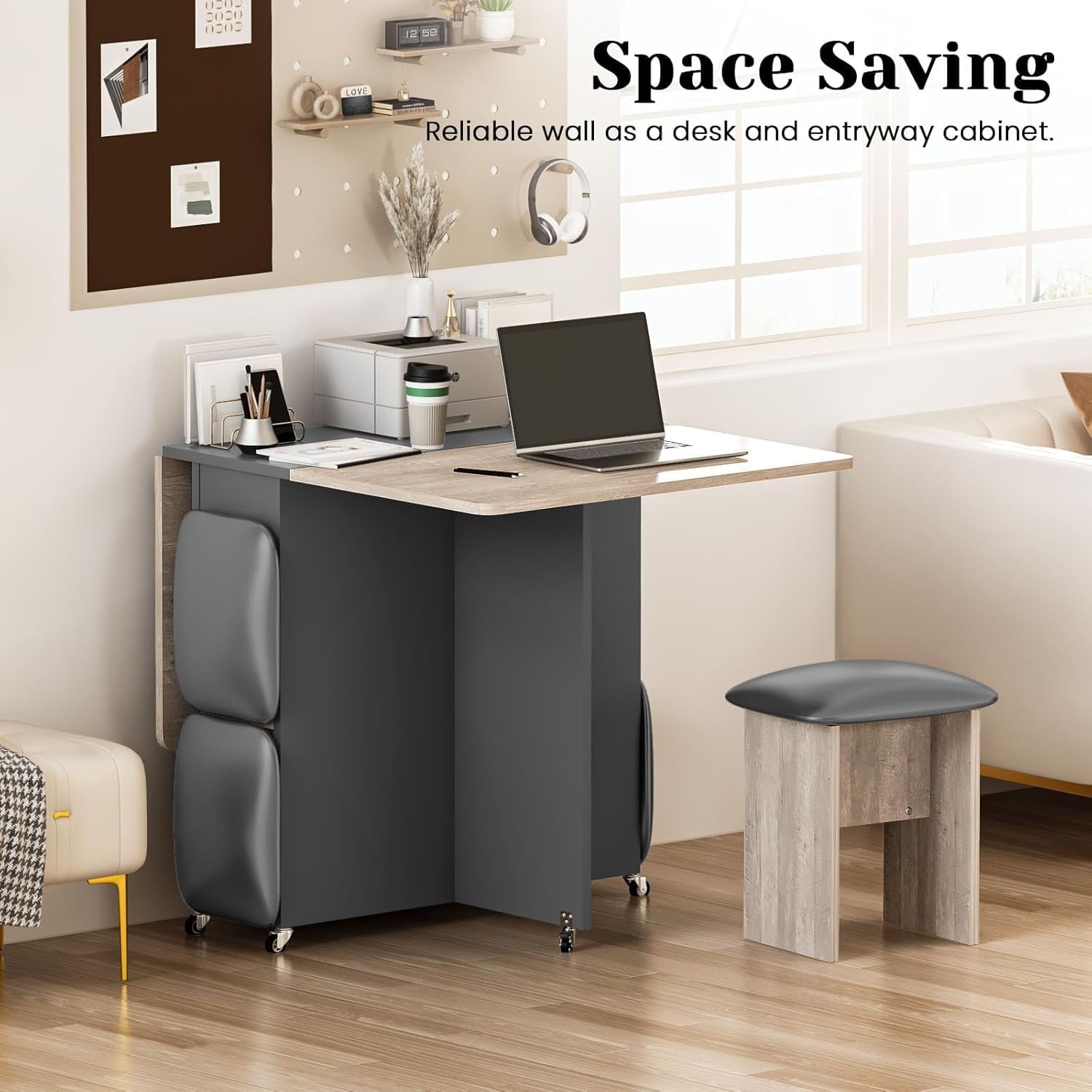 MIERES Folding Dining Table Set for 4, Dinner Table with 4 Leather Chairs and Shelves, Space Saving Foldable Dining Table with 6 Wheels, Kitchen Table for Small Spaces (Grey)