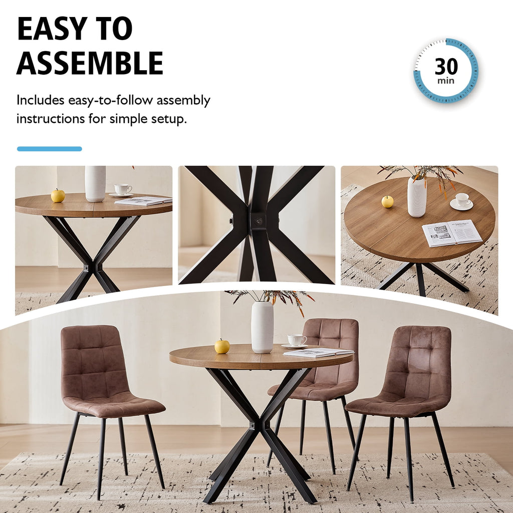 5 Piece 39 Round Dining Table Set for 4, Mid Century Kitchen Table with 4 Khaki Fabric Upholstered Dining Chairs for Apartment Living Room, Space Saving Table.