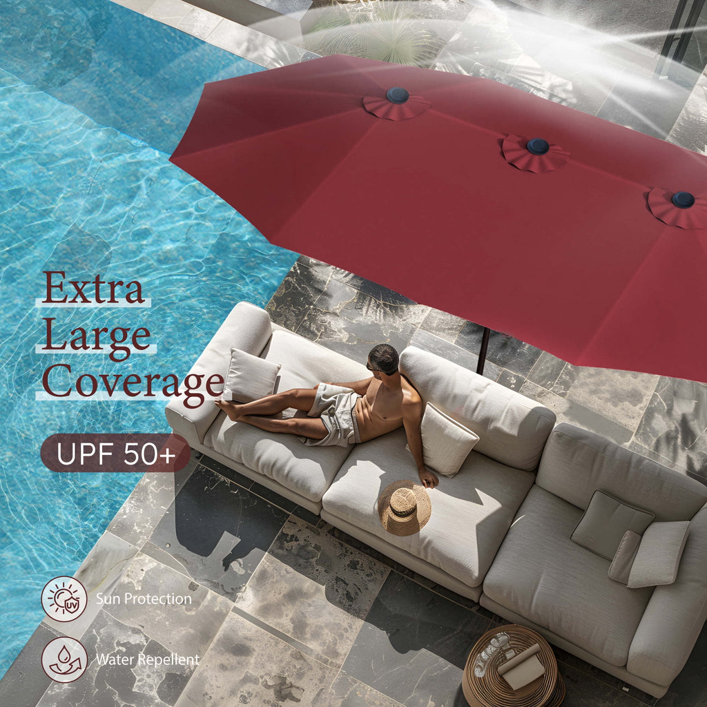 SUMMIT LIVING 15 ft Large Patio Umbrella with Base (Included) Double-Sided Rectangular Outdoor Deck Umbrella for Outside - Beige