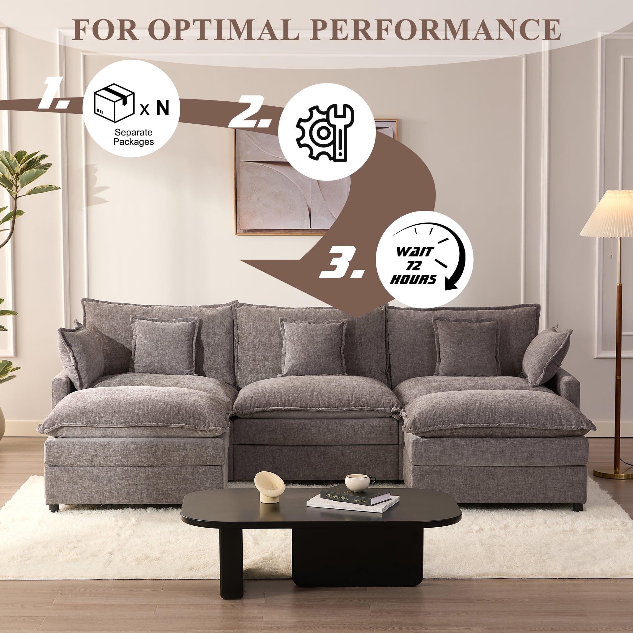 LAKPS 3-Seat Sectional Sofa Couch, Cloud-Style Deep Seating Sleeper Sofa with Included Throw Pillows, Linen Upholstery, Modern Living Room Sofa, Cream White