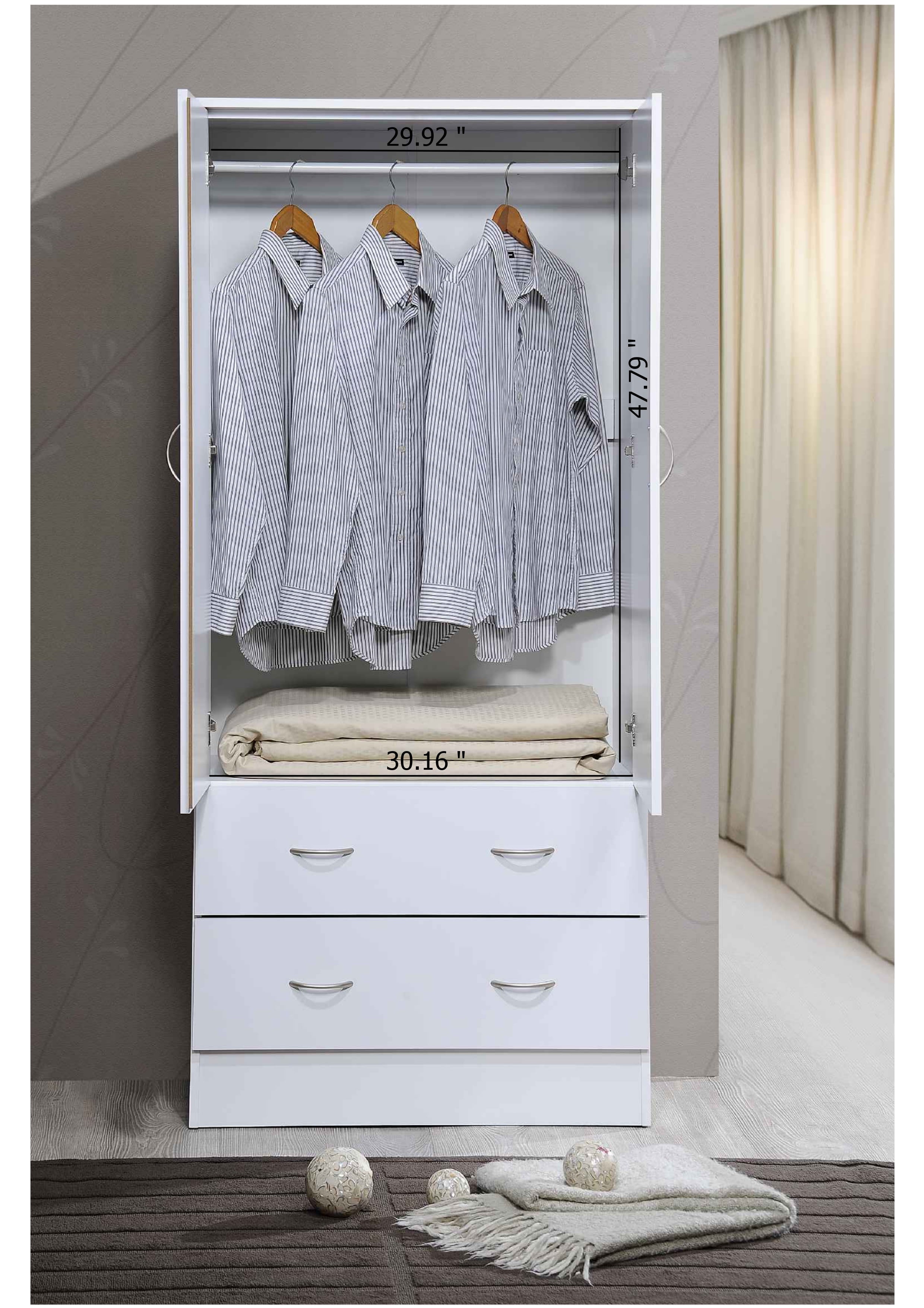 Hodedah Two Door Wardrobe with Two Drawers and Hanging Rod plus Mirror, Black