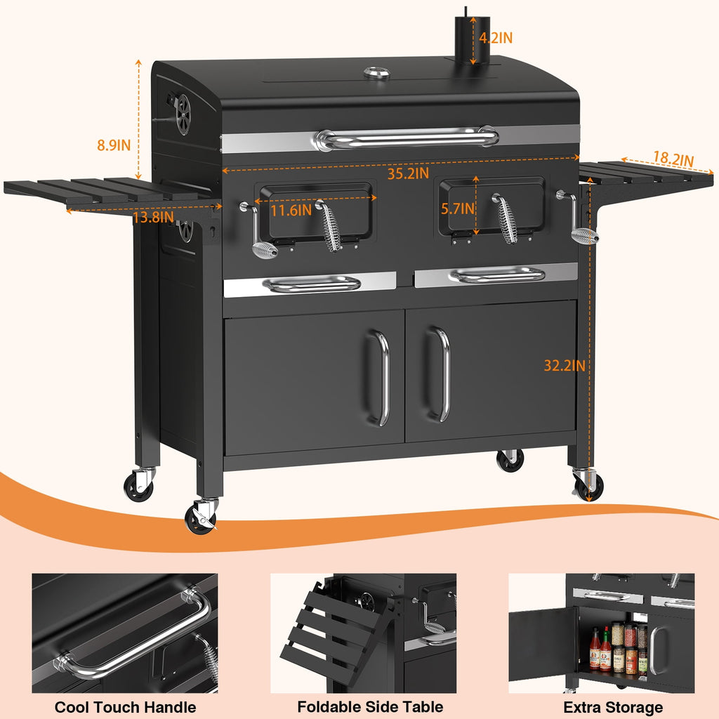 Frizi Charcoal Grill Outdoor BBQ  Cooking Grill with2 Individual Lifting Charcoal Trays and 2 Foldable Side Tables