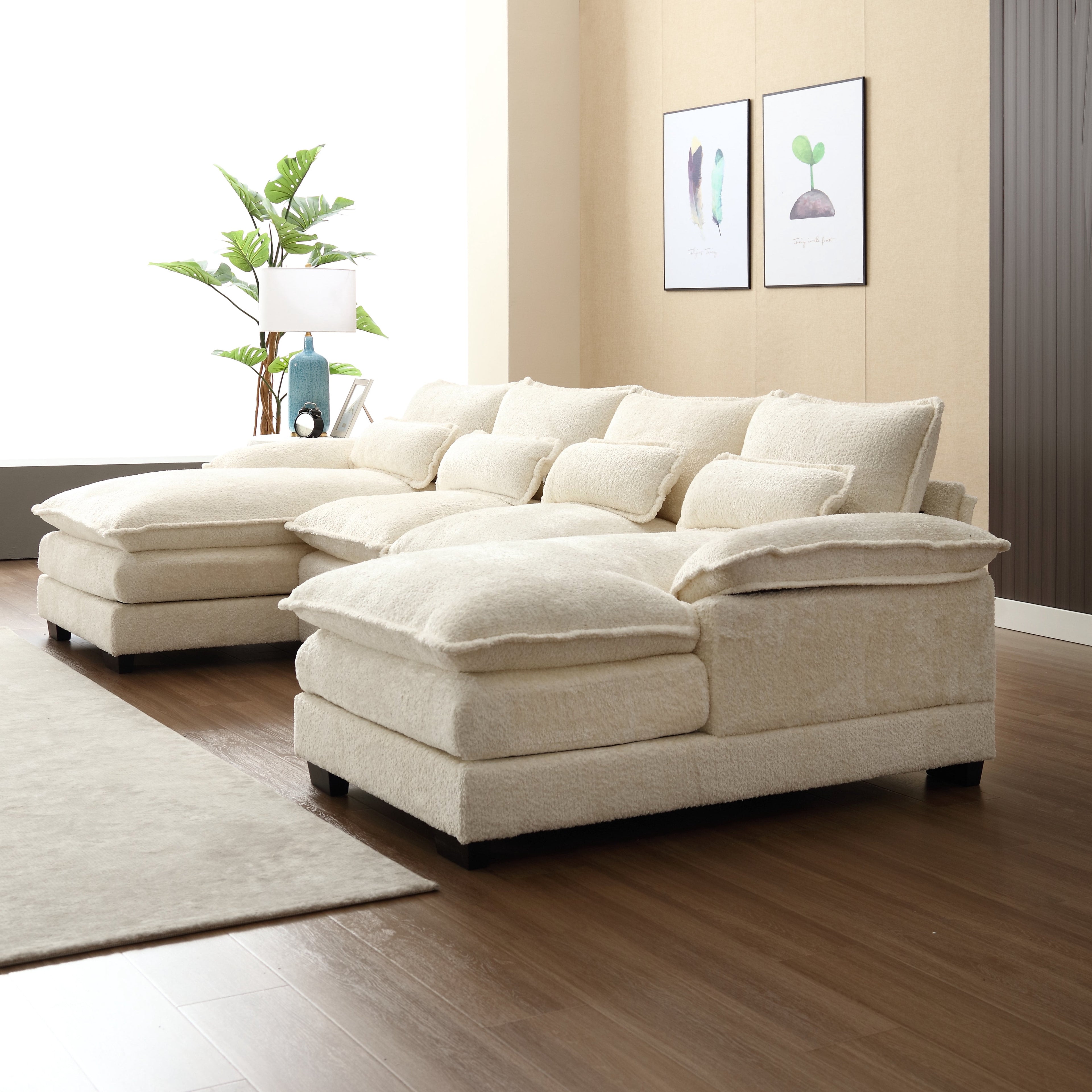 JONPONY109.45 U Shaped Couch,Oversized 4 Seat Sectional with 4 Waist Pillows, Convertible Upholstery Symmetrical Sofá,Sleeper Sofa Couch with Double Chaise Lounge &Memory Foam for Living Room, Beige