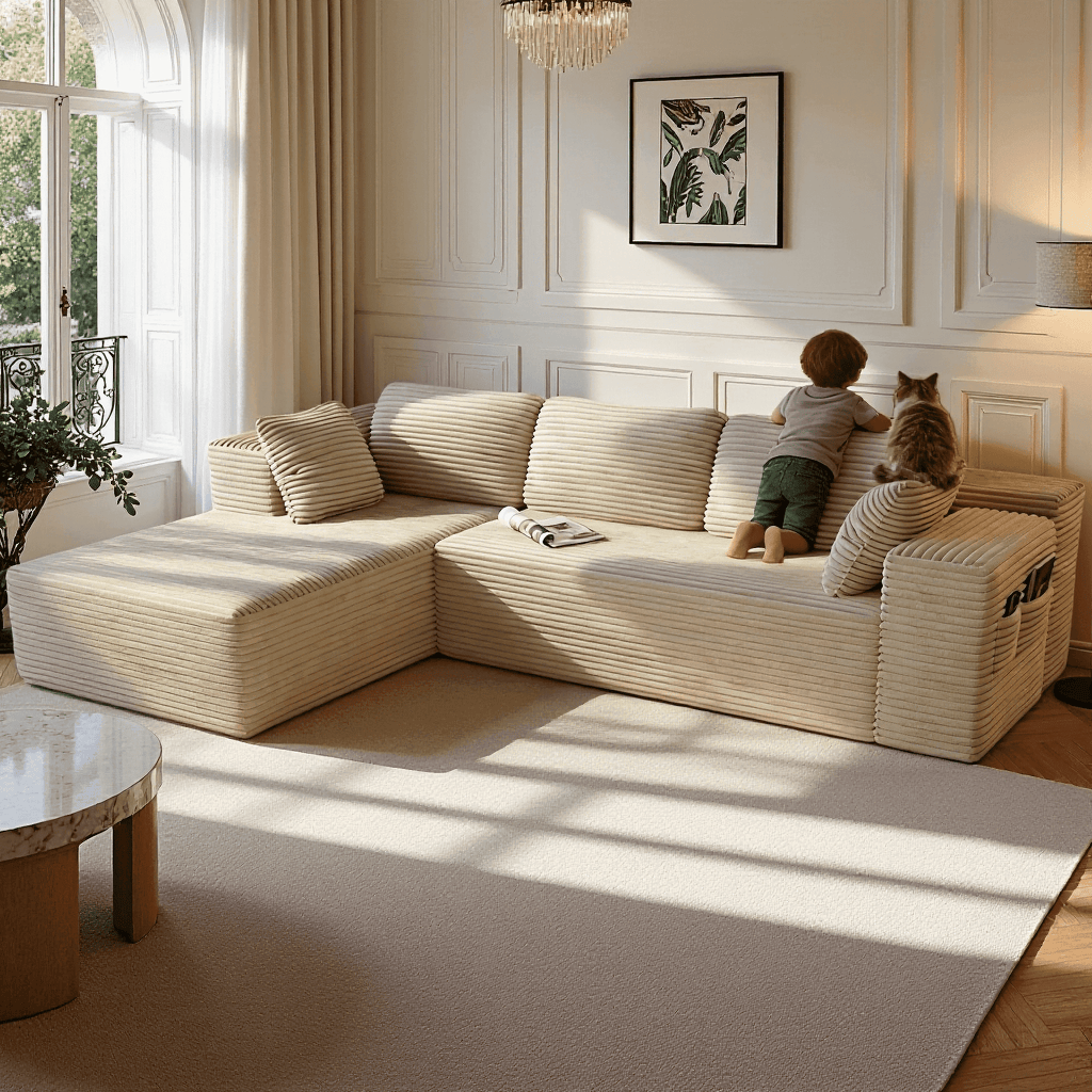 Sofa, Lofka 105 Free Assembly L-Shaped Sectional with Pet Friendly Corduroy Fabric, Black for Living Room/Apartment