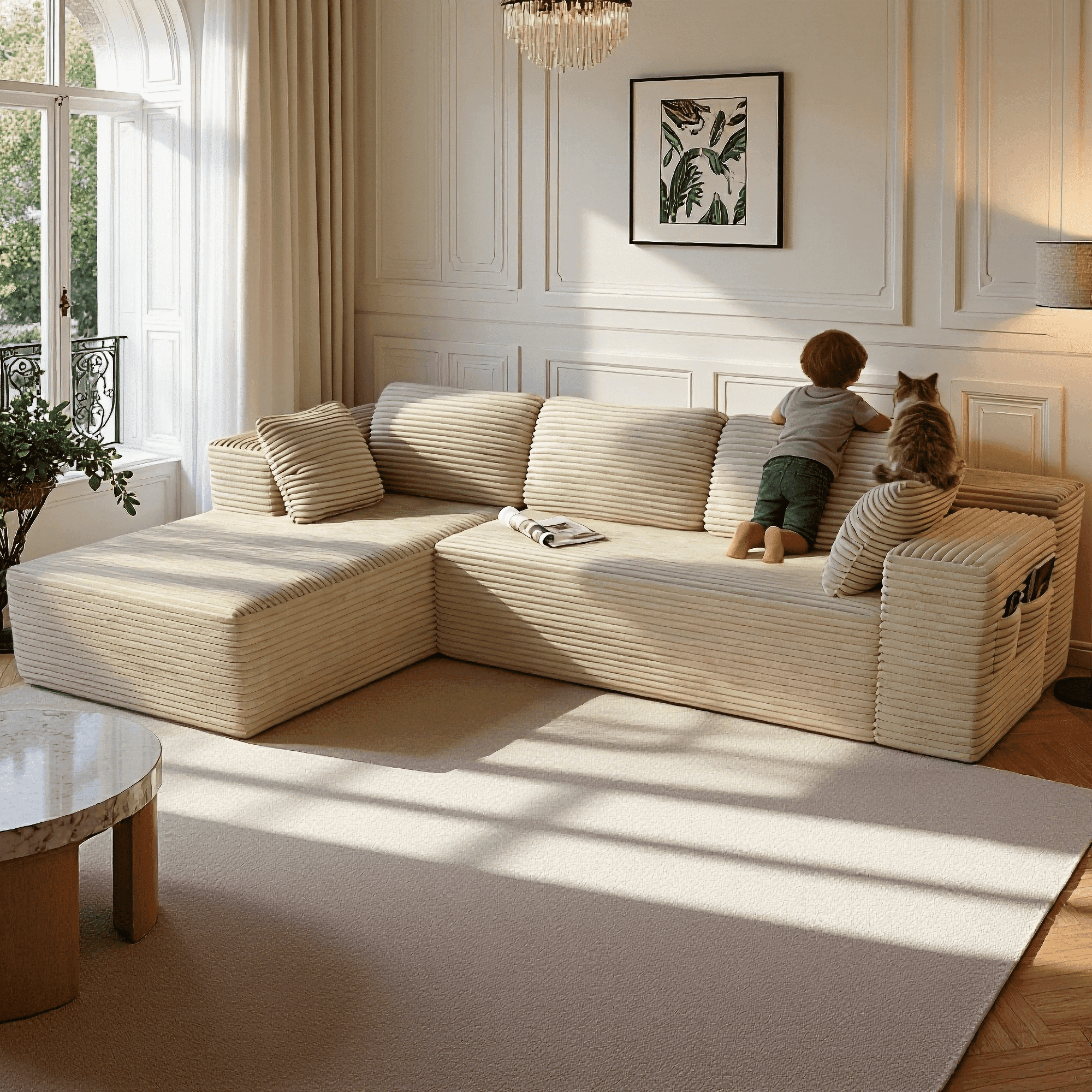 Sofa, Lofka 105 Free Assembly L-Shaped Sectional with Pet Friendly Corduroy Fabric, Black for Living Room/Apartment