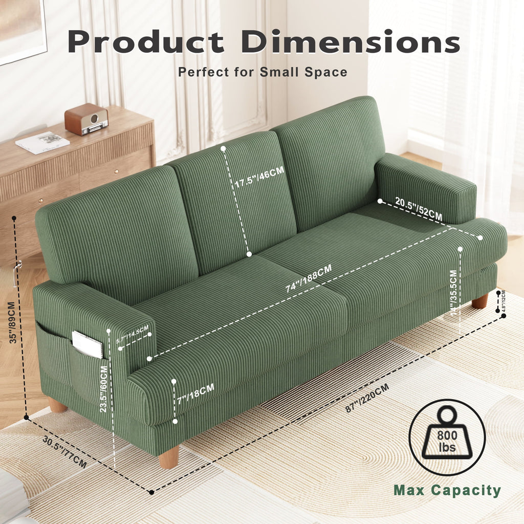 AAQZ 87 Corduroy Sofa Couch for Living Room, 3 Seater Deep Seat Comfy Couch in a Box, 2 Cushions, 2 Pillows Tool-Free Setup,Gray
