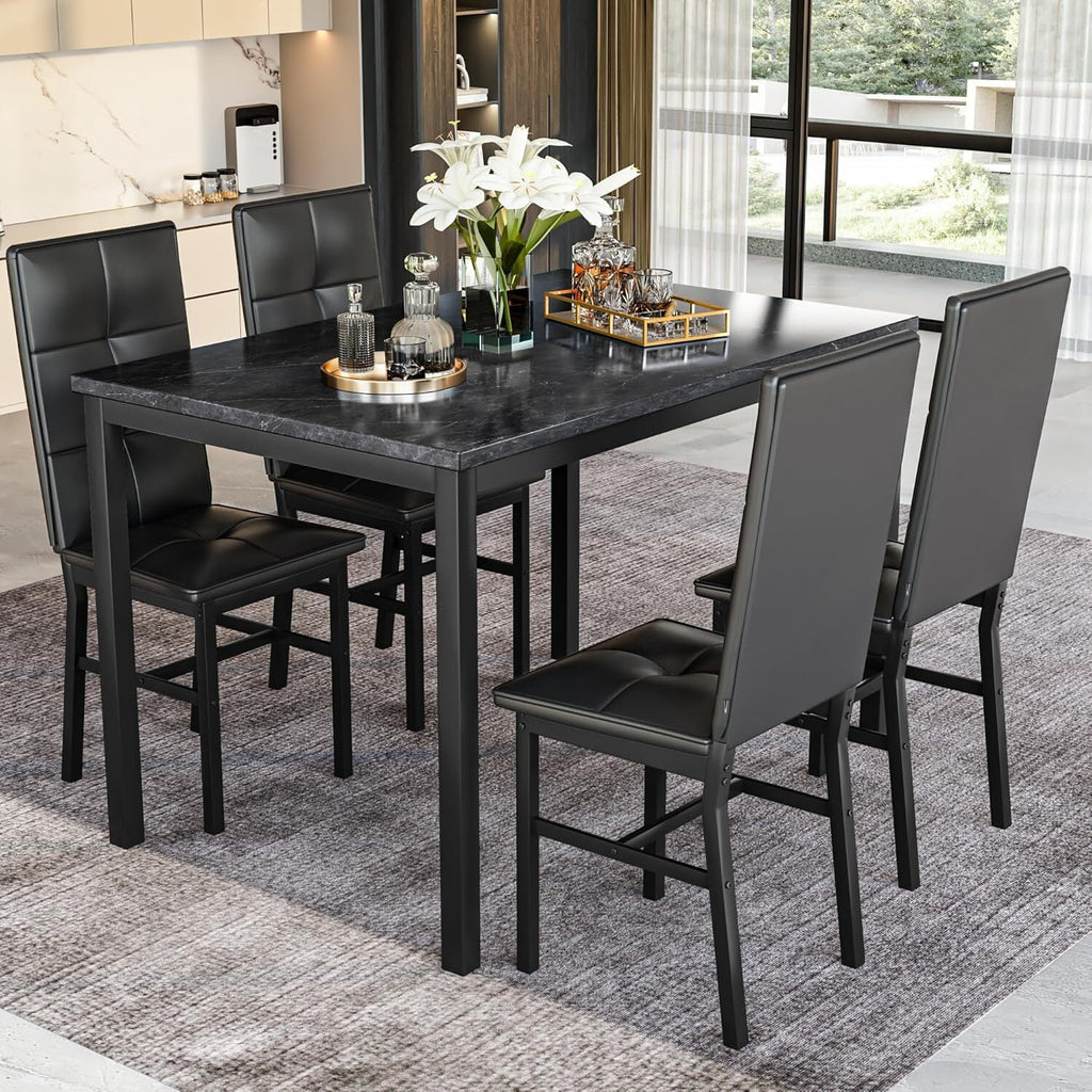 MOOSENG Dining Table Set for 4, Faux Marble Kitchen Table and Chairs Set of 4, 5-Piece Dining Room Set with PU Leather Upholstered Chairs for Small Space, Gray