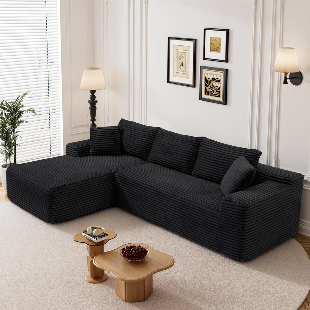 Aukfa 95 Cloud Sectional Sofa Deep Seat Boneless Couch Modular L-Shaped Couch, Left Chaise Corduroy Sofa for Living Room, Black