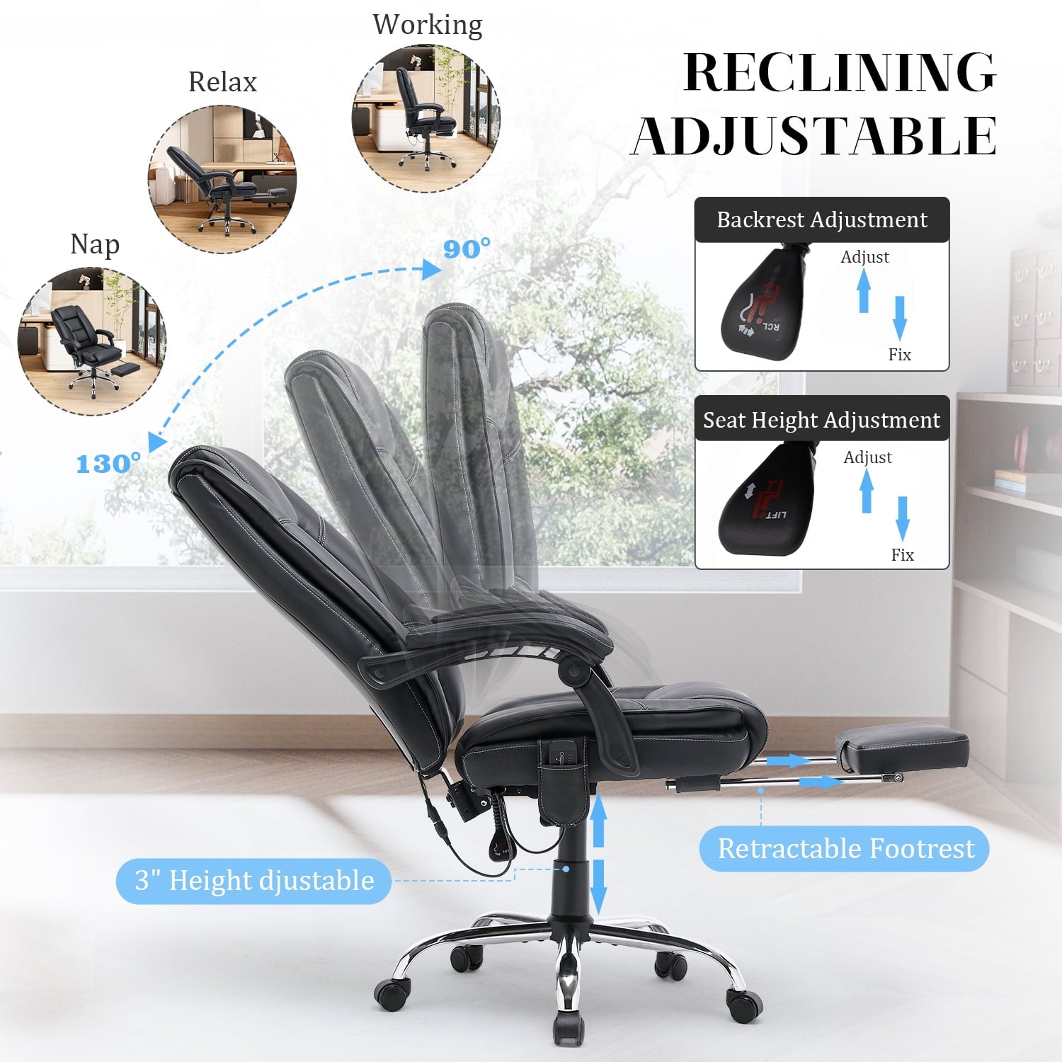 HOMREST Ergonomic Office Chair with 6-Point Massage & Heating, Adjustable Executive Desk Chair with Retractable Footrest, PU Leather Home Office Desk Chair for Home & Office (Black)