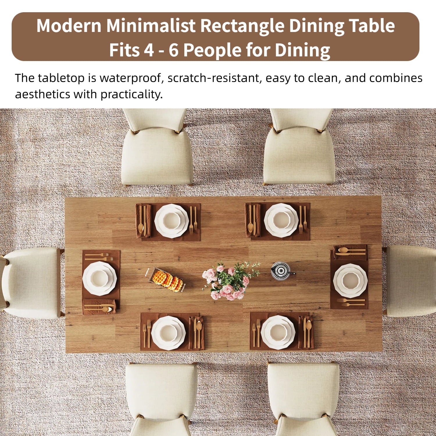 Fnova 63 Rectangular Modern Dining Table, Wooden Modern Kitchen Table for 6 People for Dining Room, Warm Brown (Chairs Not Included)