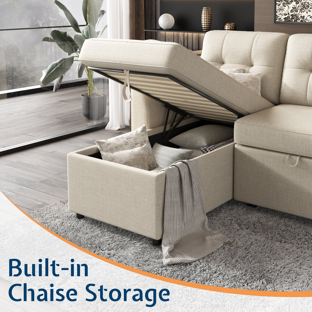 VANACC Sectional Sofa Bed with Storage and Soft Seat ,Reversible Pull Out Couch for Living Room,Gray