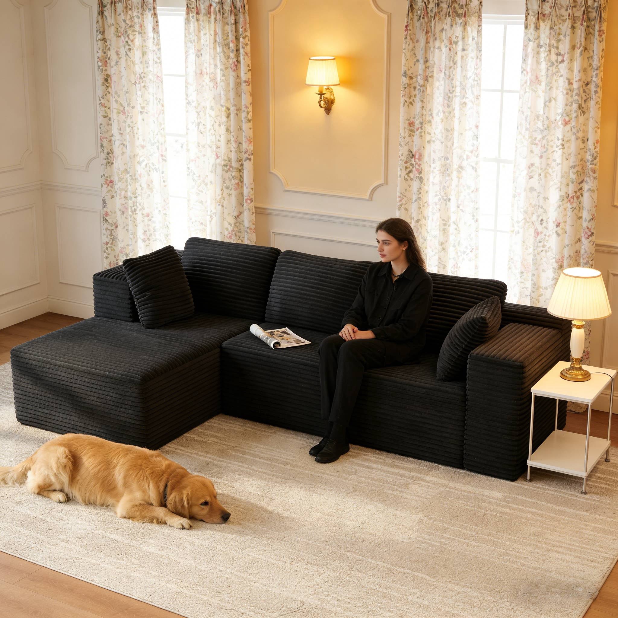 Sofa, L-Shaped Sofa Couch with Deep Seat and Movable Footrest Sofa for Office|Living Room, Gray