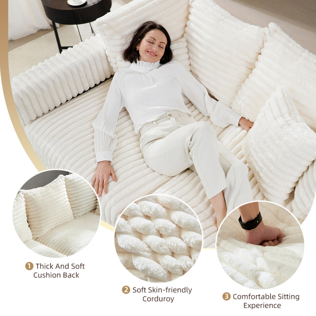 Gewnee 86.6 Modern Sofa Couch,Teddy Velvet 3 Seaters Comfy Couch with Deep Seat for Living Room,2 Pillows,Beige