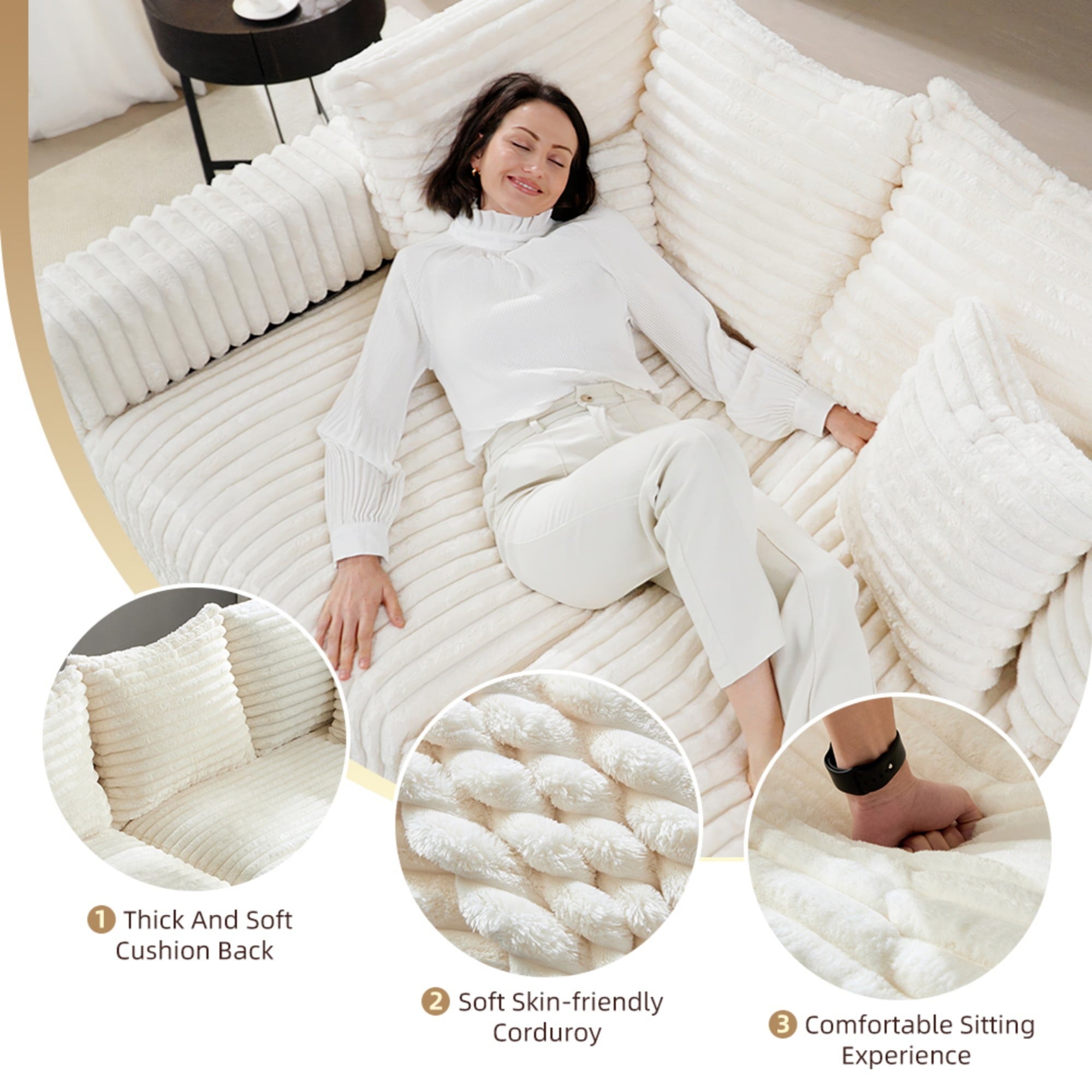 Gewnee 86.6 Modern Sofa Couch,Teddy Velvet 3 Seaters Comfy Couch with Deep Seat for Living Room,2 Pillows,Beige