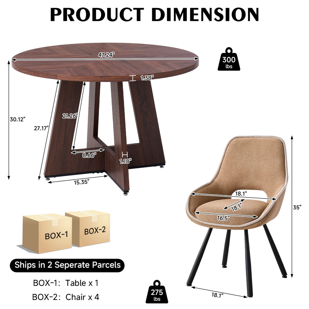5 Piece 47'' Round Dining Table Chairs Set for 4, Farmhouse Oak Kitchen Table with 4 Boucle Mid Century Modern Dinning Room Chairs, Wood Dinner Table &Upholstered Chair Set of 4, Beige