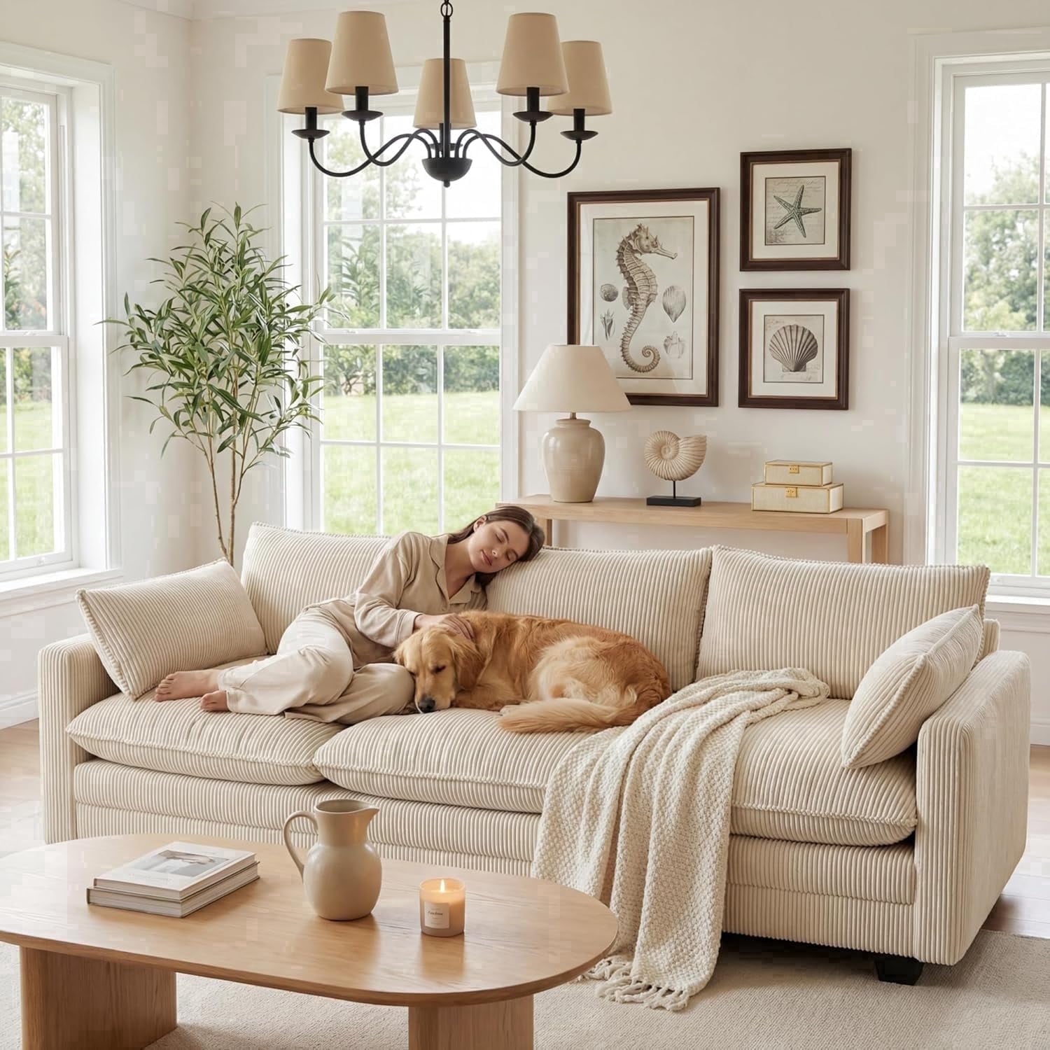 110 Cloud Couches for Living Room, Noelse 3 Seater Cloud Sofa with Double Layer Cushion and Deep Seat, Cream Couch with Washable Cover, Corduroy Fabric, Beige