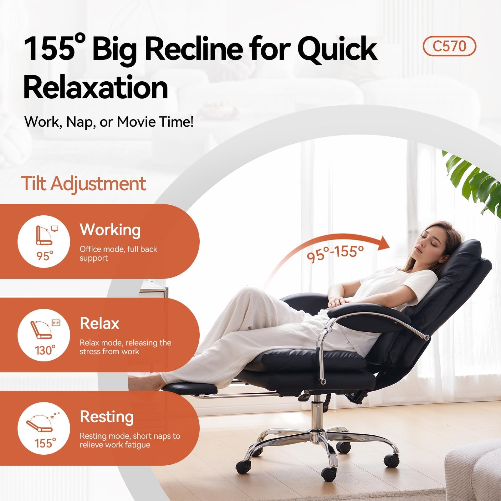 LEAGOO Reclining Office Chair with Foot Rest, Executive Office Chairs with Arms, Ergonomic High Back PU Leather Comfy Swivel Computer Desk Chairs with Wheels and Lumbar Support for Home Office, White