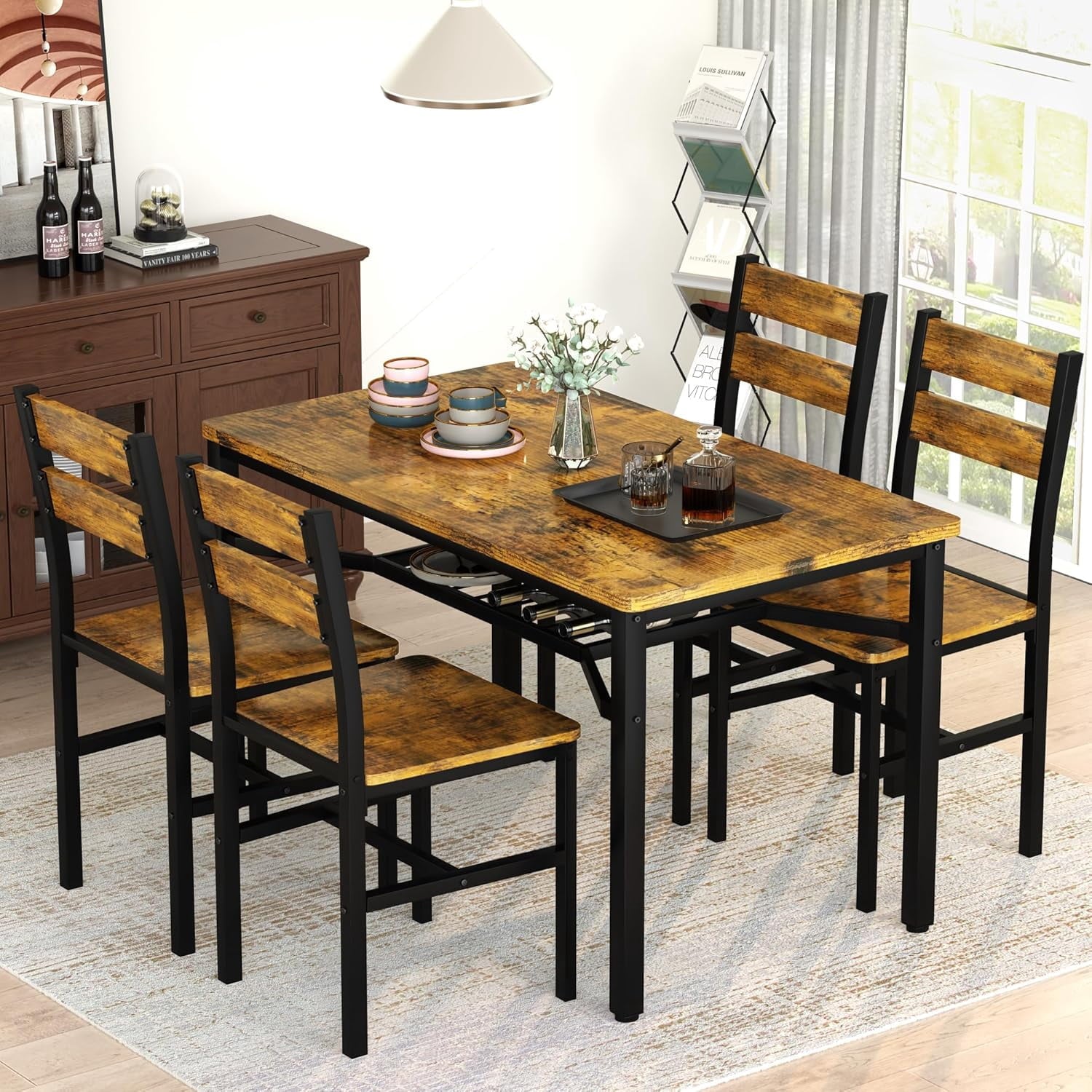 LinkRomat Dining Table Set for 4, Farmhouse Kitchen Table with 4 Wood Chairs, Dining Room Set for Breakfast Nook, Small Places, Restaurant, Gray