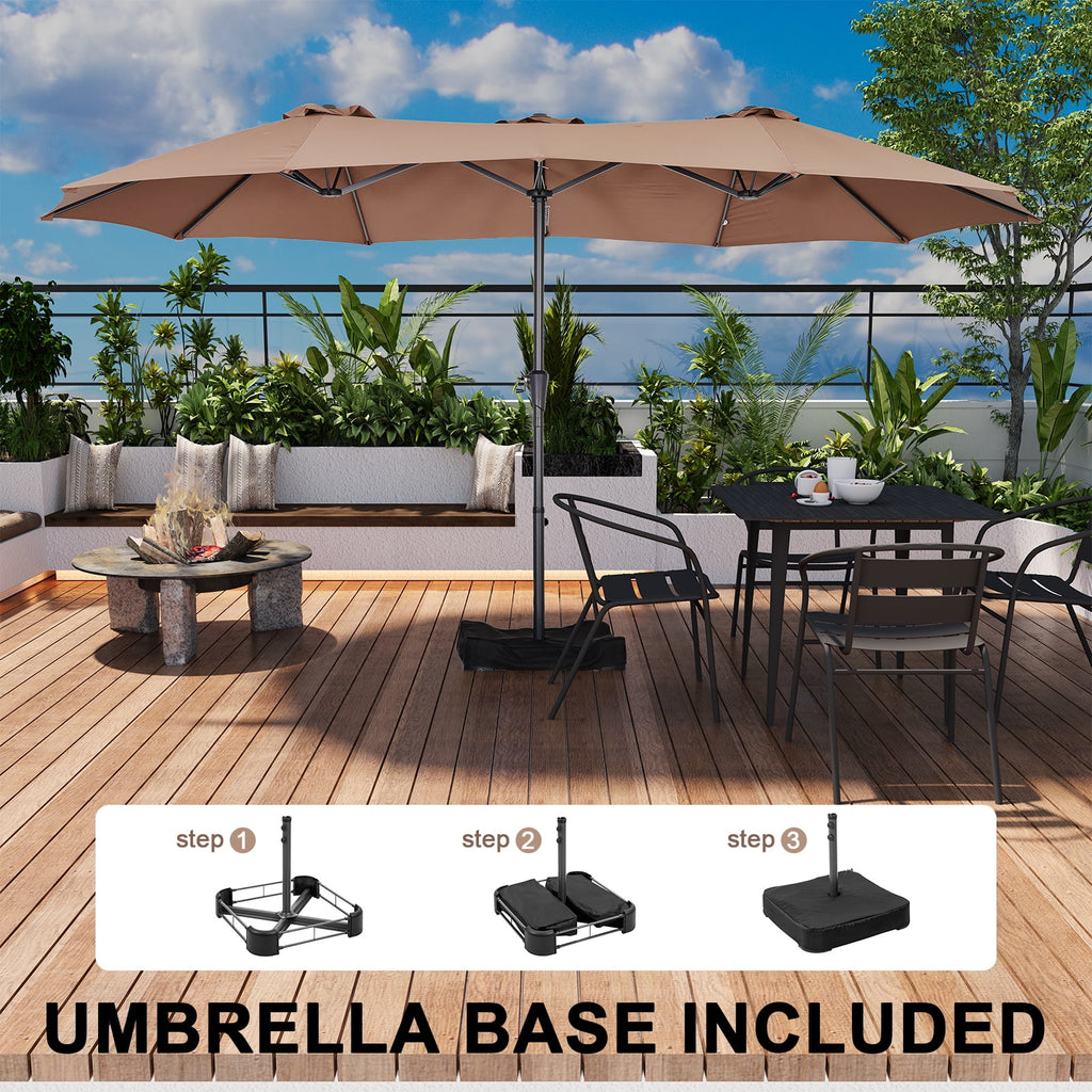 Ainfox 15ft Large Patio Umbrella with Solar Lights, Double-Sided Outdoor Rectangle Table Umbrellas with Sand Bag Base，Beige