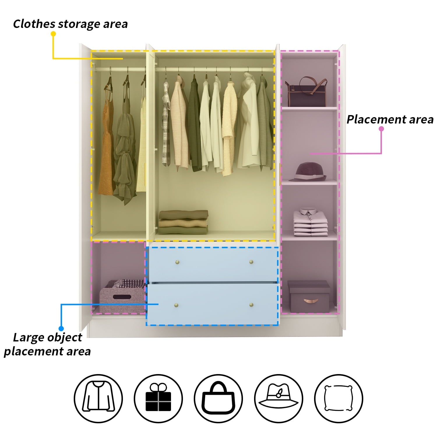 Wiawg 2 Door Wardrobe Armoire,Mirrored Closet Storage with Drawers and Shelves,White