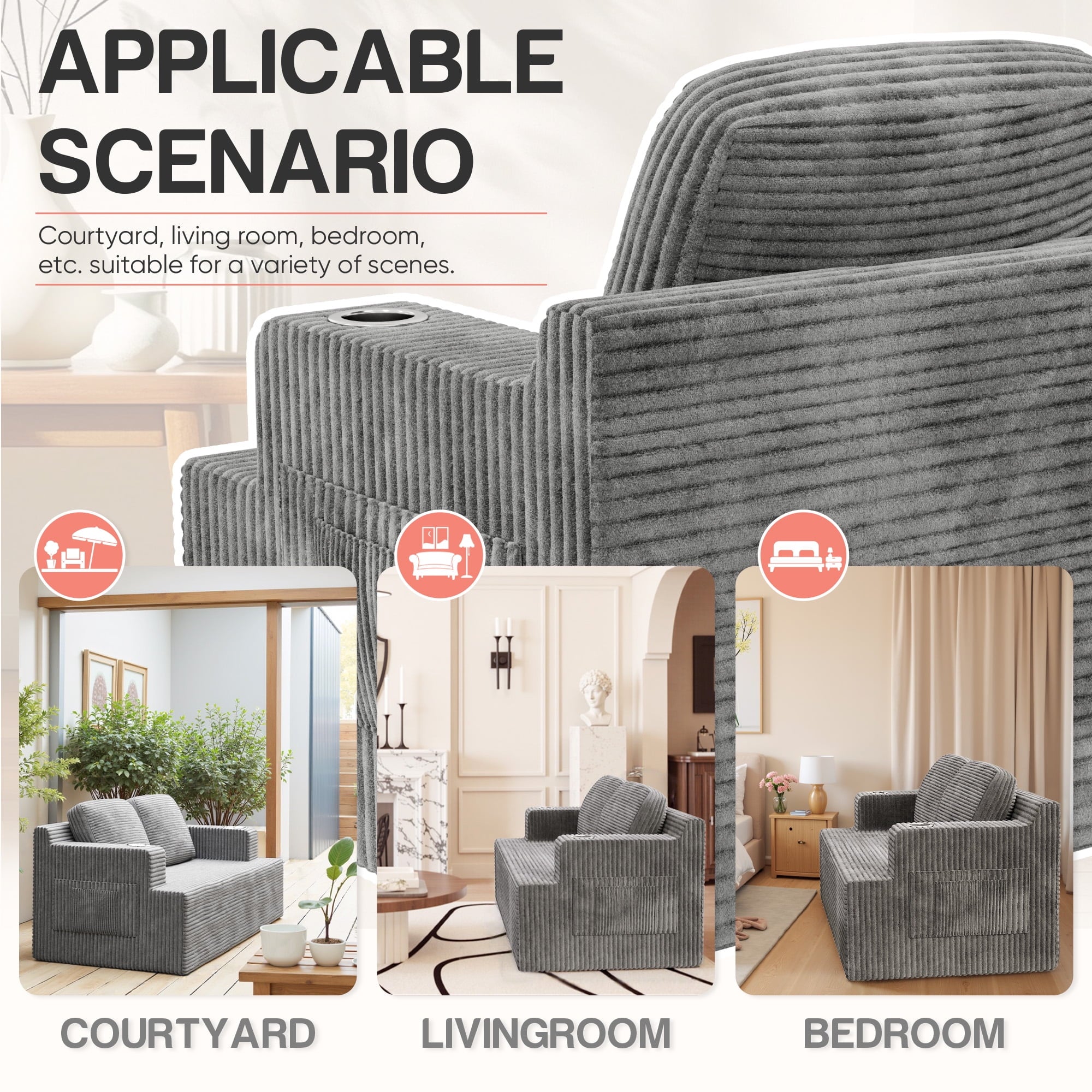 Homall Cloud Boneless Corduroy Sofa Loveseat Double-seater Couch Lounge Floor Chair for Bedroom,Gray