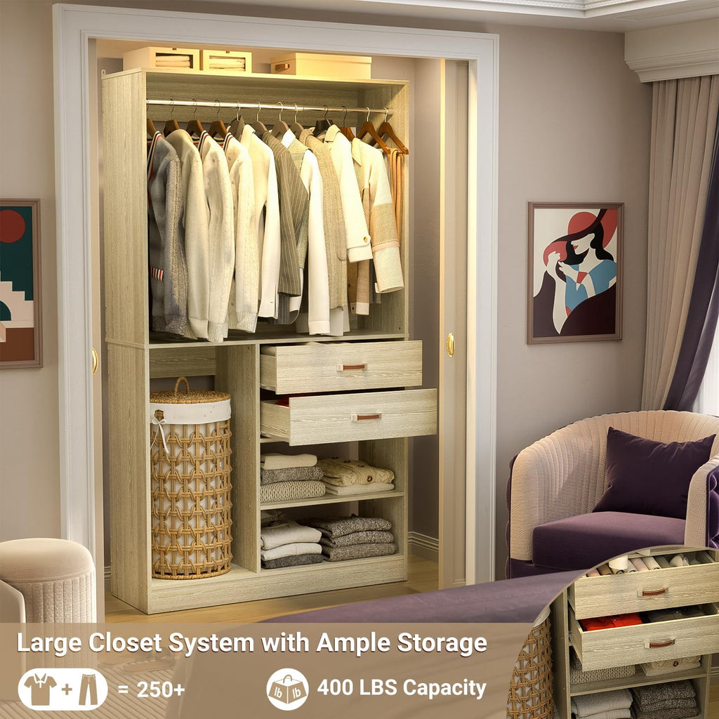 Homieasy Freestanding Closet System with Suitcase Storage, 40'' Closet Organizer System with 2 Wood Drawers and Hanging Rod, White