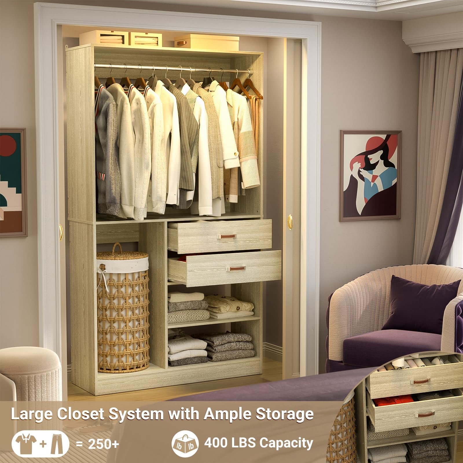 Homieasy Freestanding Closet System with Suitcase Storage, 40'' Closet Organizer System with 2 Wood Drawers and Hanging Rod, White