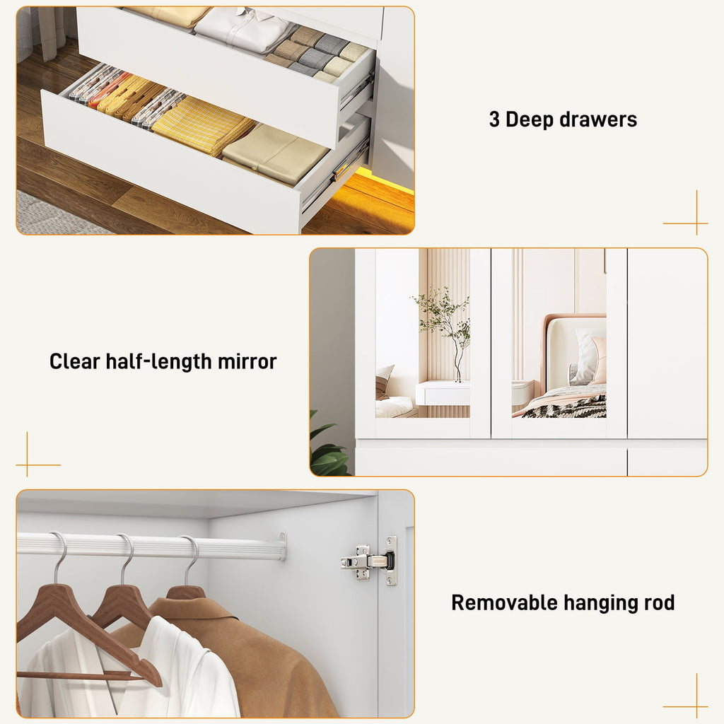 75 Tall 3 Doors Armoire Wardrobe Closet with  3 Drawers and Mirror, Large Wardrobe Closet for Bedroom with LED Lights, Wooden Armoire Storage Cabinet with Hanging Rod, Adjustable shelves (White)