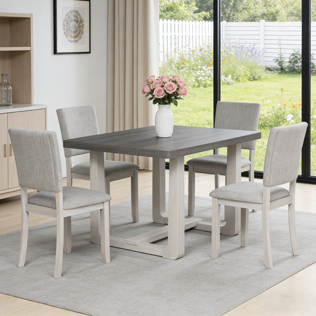 Leovanni Modern 48 5-Piece Solid Wood Dining Table Set with 4 Upholstered Chairs, Rectangular Kitchen & Dining Room Set, Natural